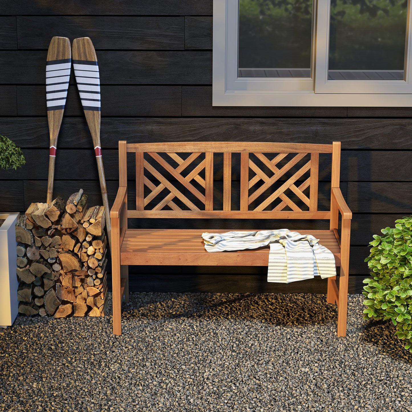 2-Person Acacia Wood Outdoor Bench with Armrests
