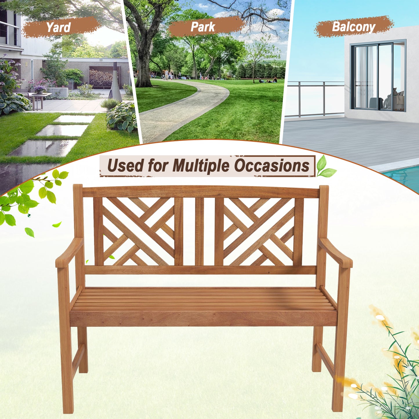 2-Person Acacia Wood Outdoor Bench with Armrests