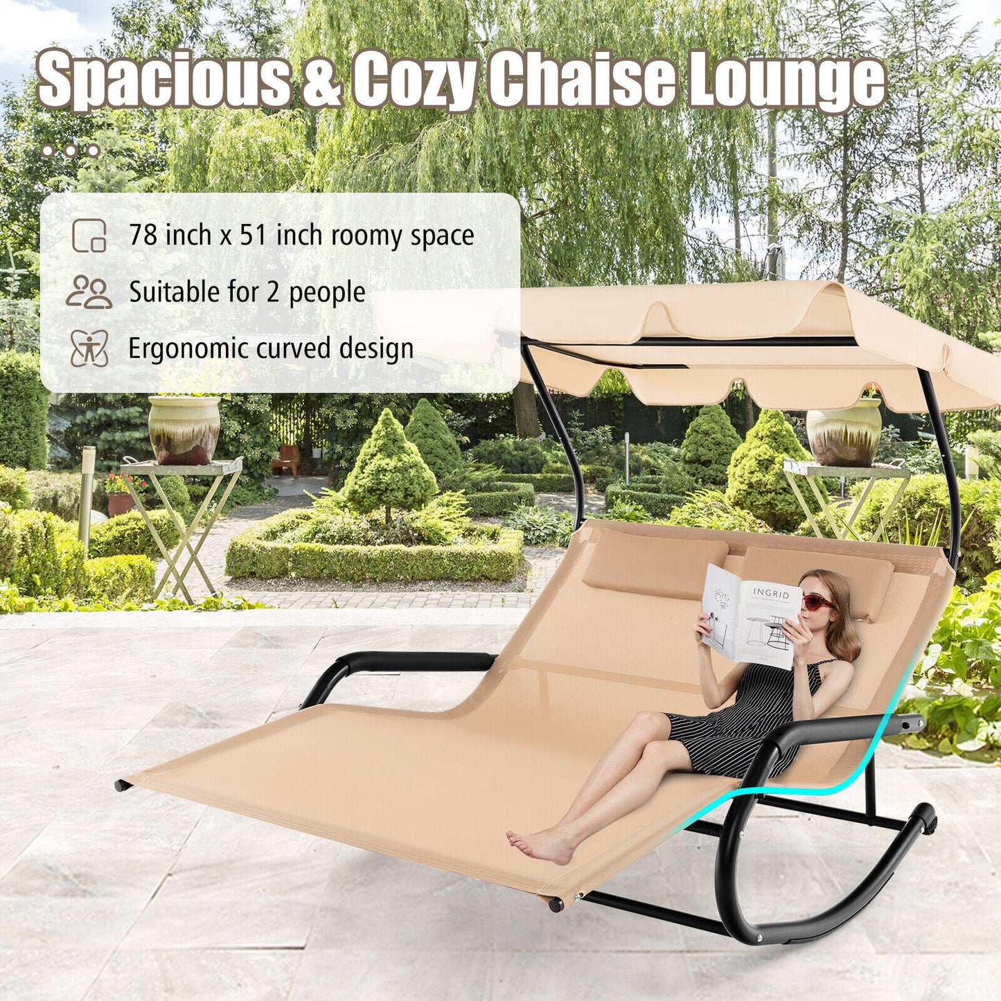 2-Person Rocking Chaise Lounge with Canopy and Wheels