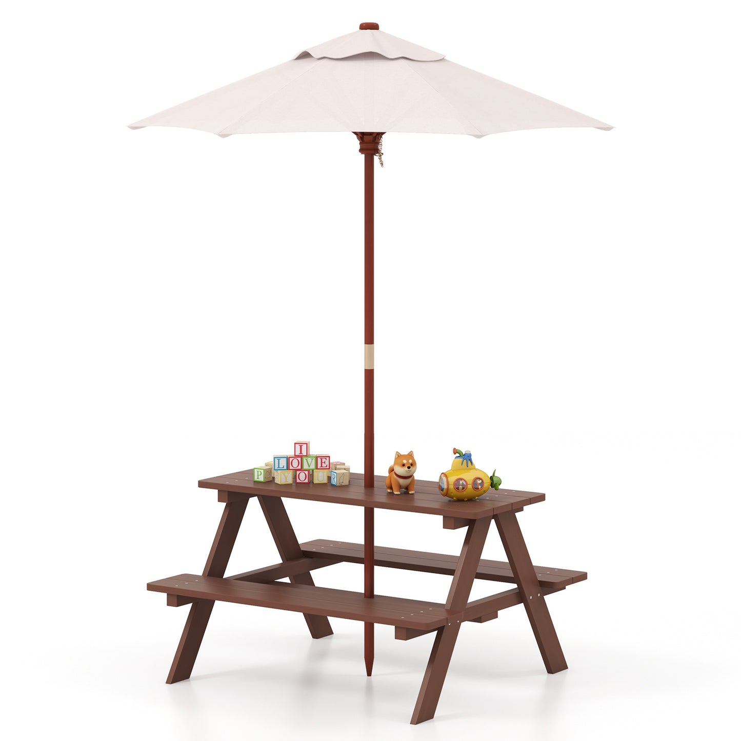Kids Picnic Table with Umbrella - 4 Seat Outdoor Bench Set