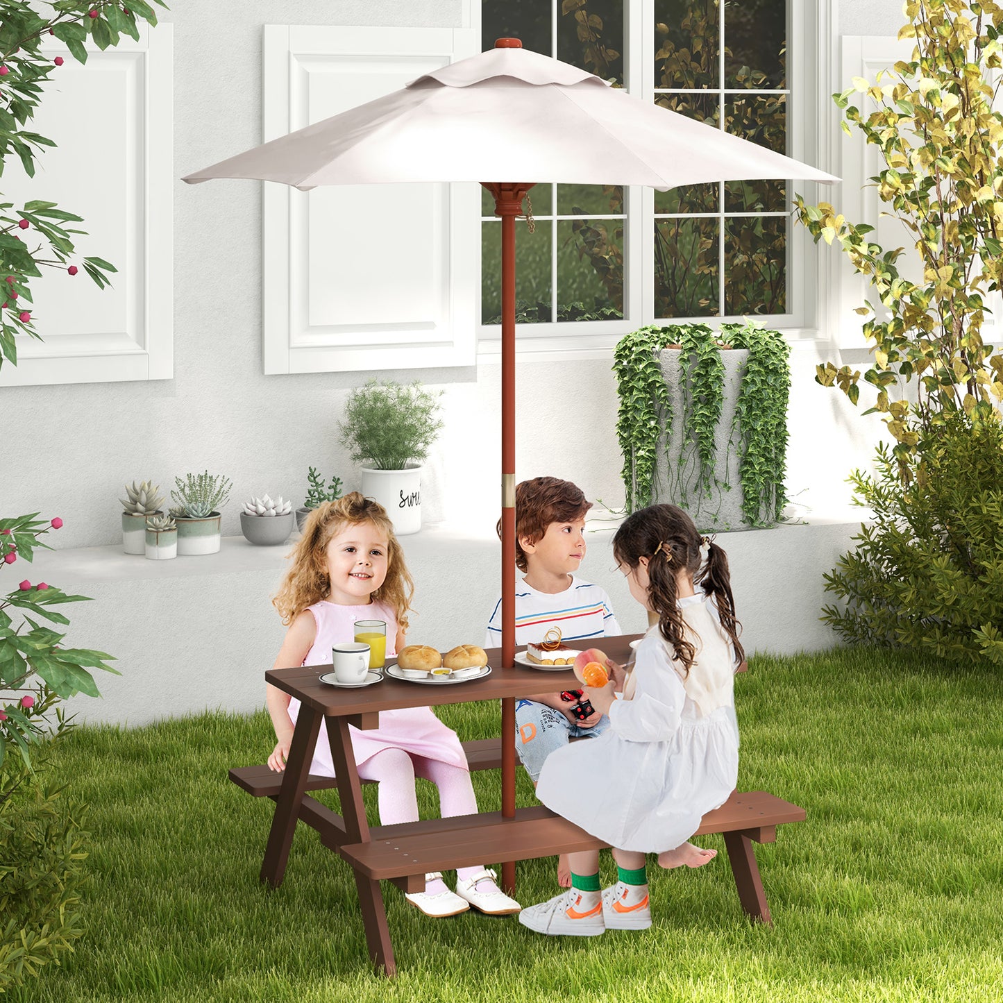 Kids Picnic Table with Umbrella - 4 Seat Outdoor Bench Set