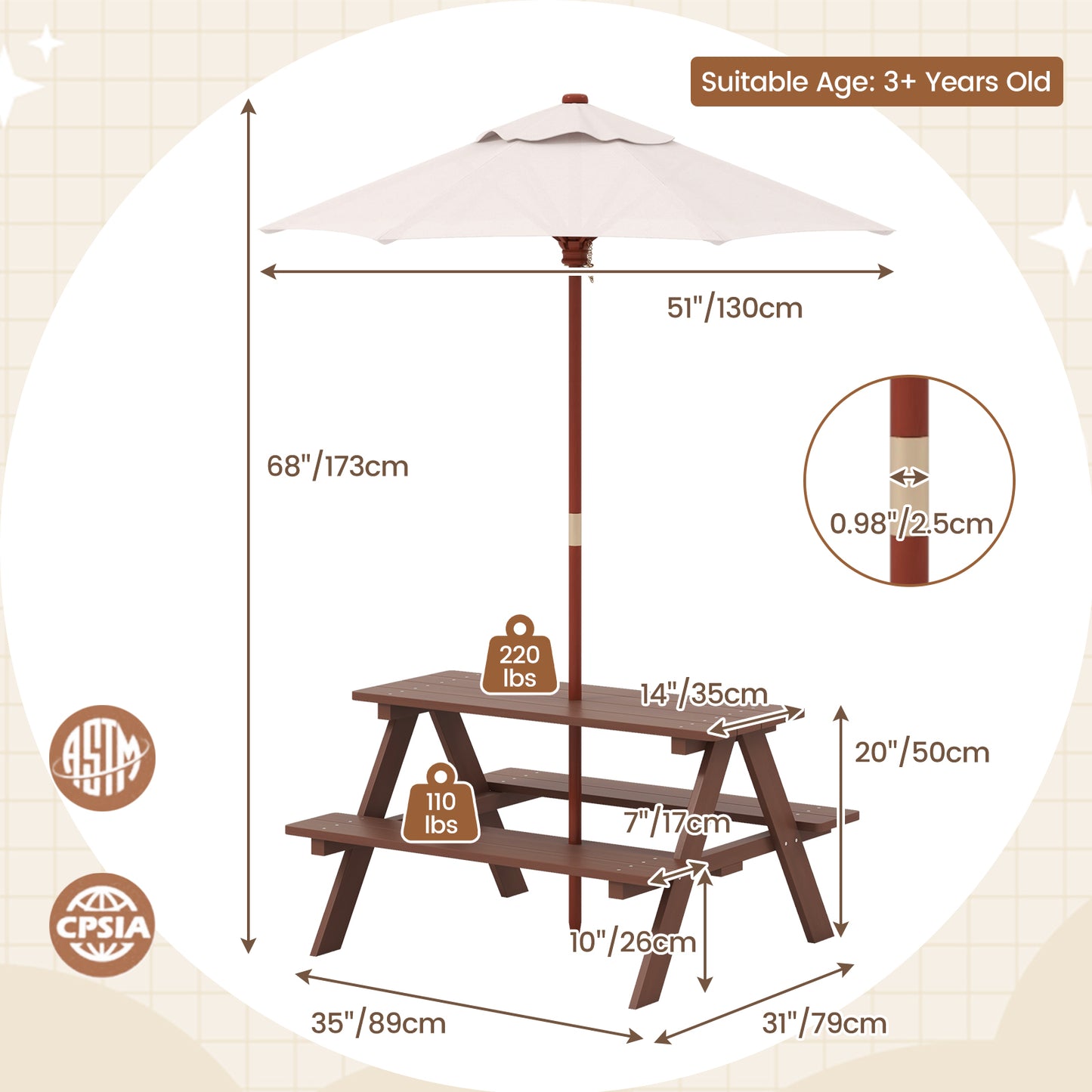 Kids Picnic Table with Umbrella - 4 Seat Outdoor Bench Set