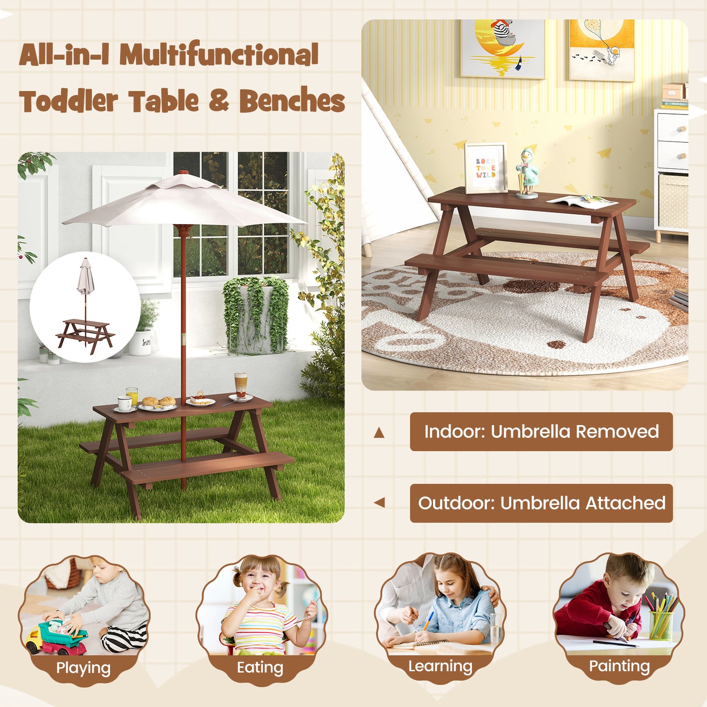 Kids Picnic Table with Umbrella - 4 Seat Outdoor Bench Set