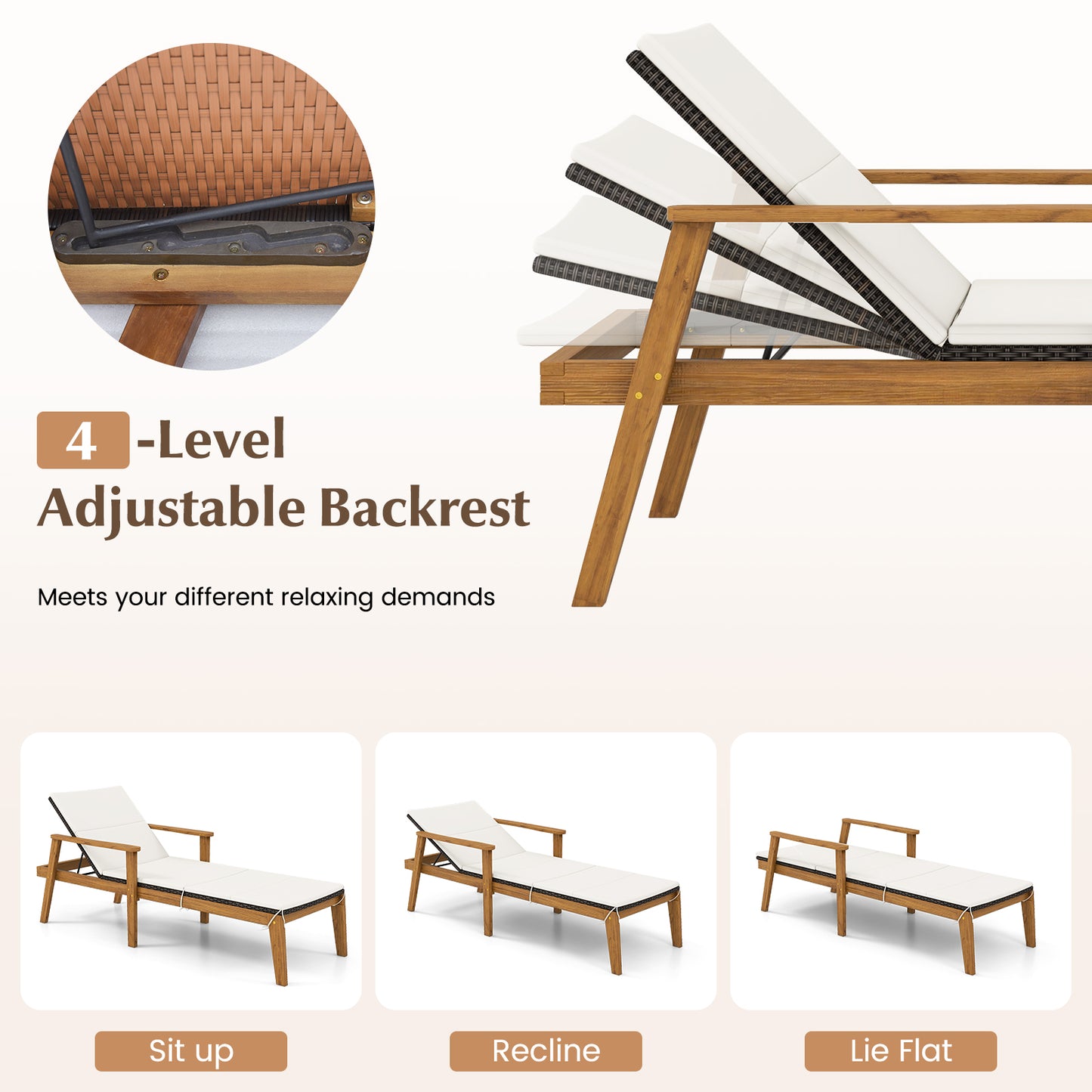 Outdoor Chaise Lounge Chair with Adjustable Backrest & Cushion