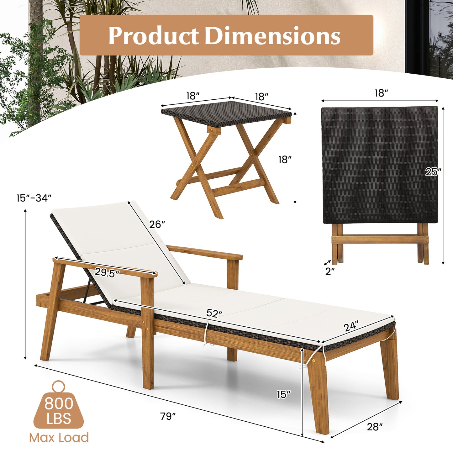 Outdoor Chaise Lounge Chair with Adjustable Backrest & Cushion