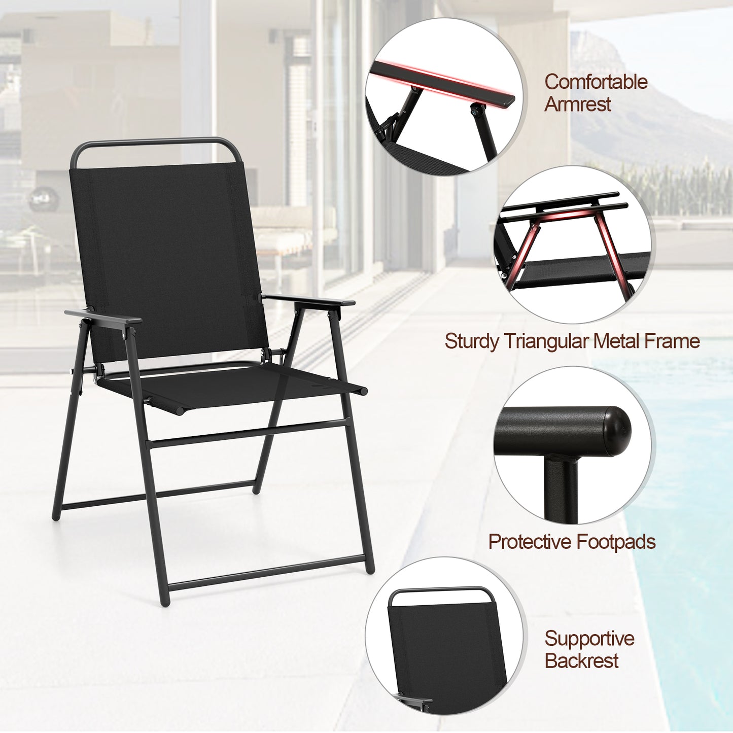Folding Sling Patio Chairs Set of 2 with Armrests
