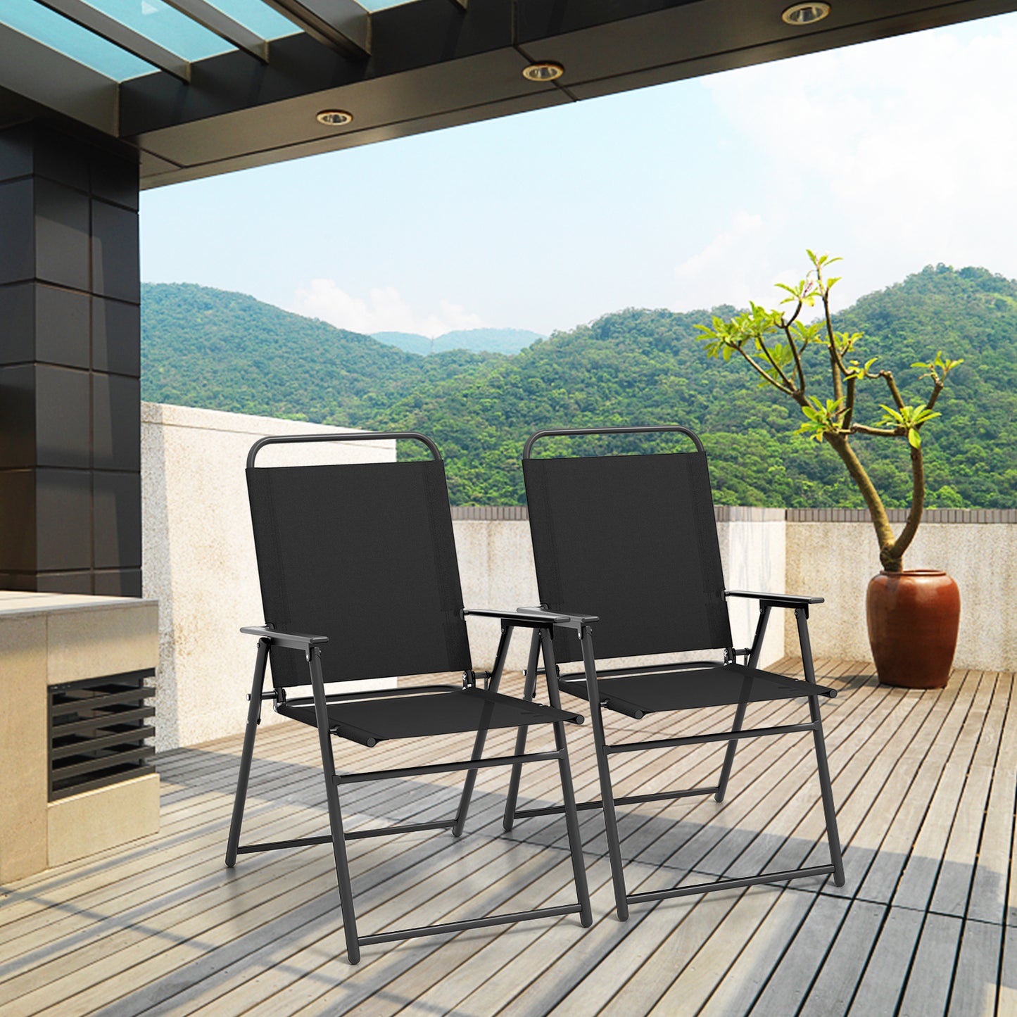 Folding Sling Patio Chairs Set of 2 with Armrests