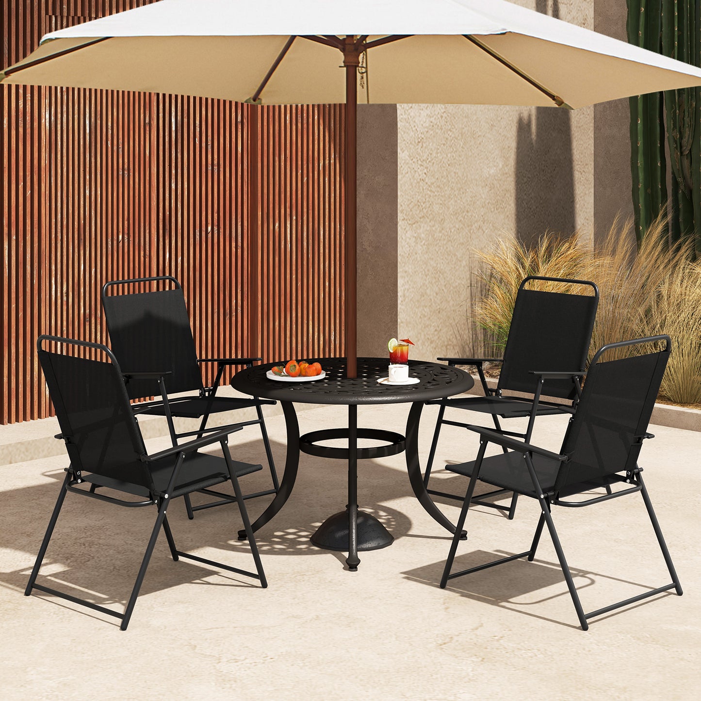Folding Sling Patio Chairs Set of 2 with Armrests