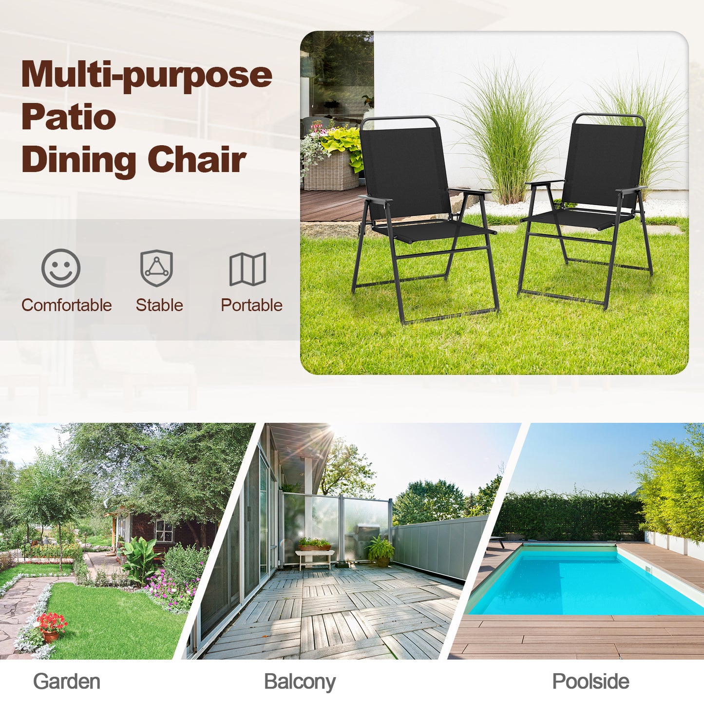 Folding Sling Patio Chairs Set of 2 with Armrests
