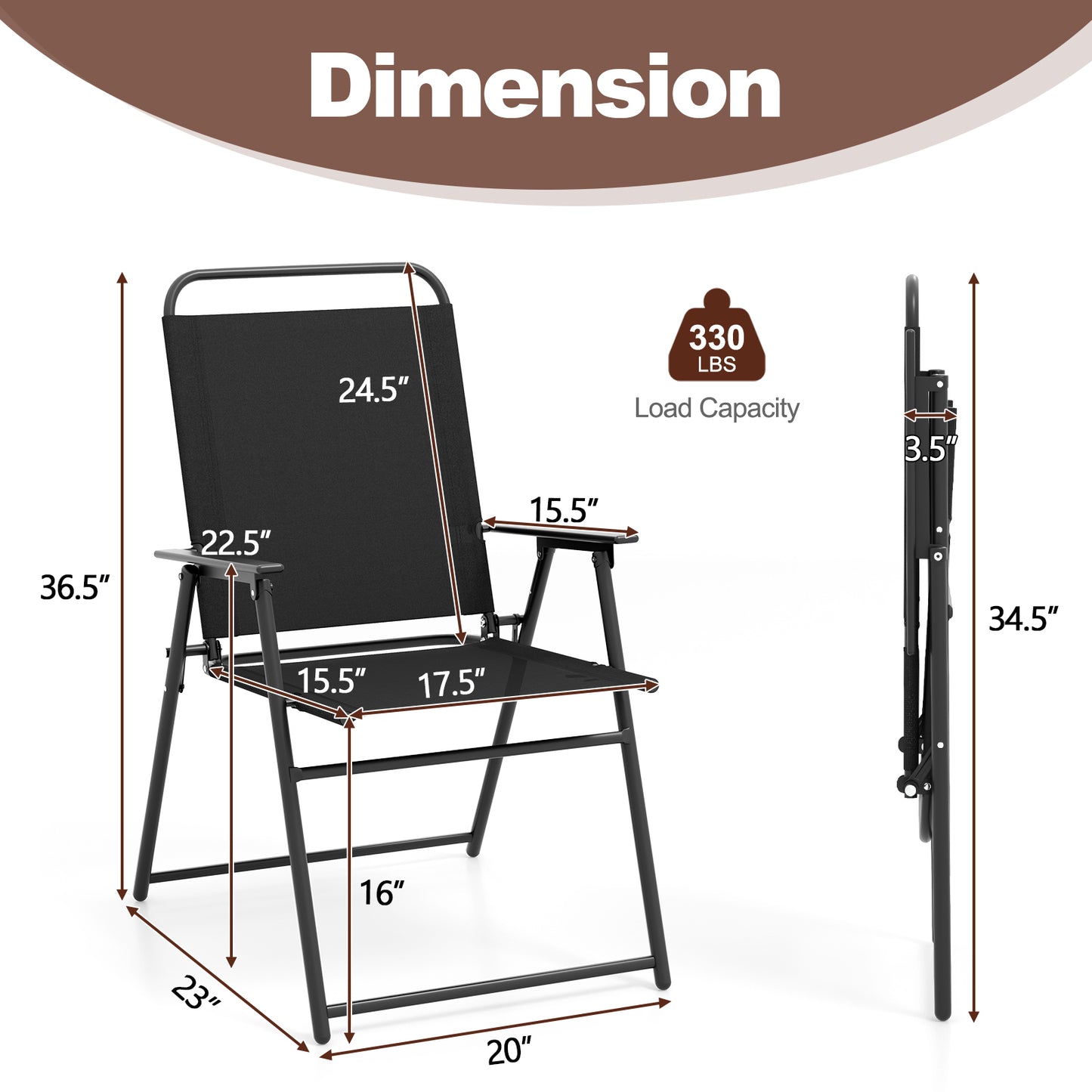 Folding Sling Patio Chairs Set of 2 with Armrests