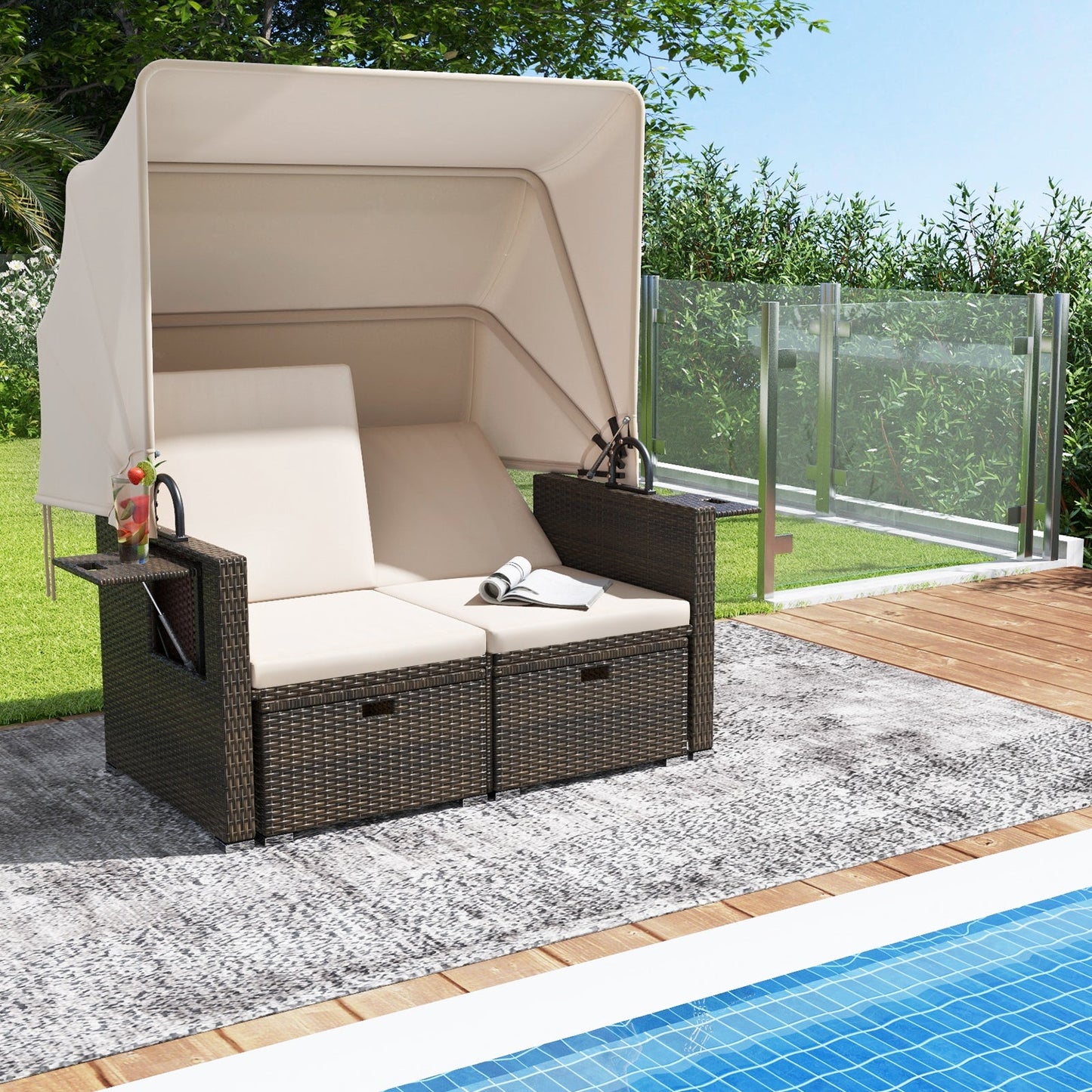 Outdoor Patio Rattan Daybed with Retractable Canopy and Adjustable Backrests