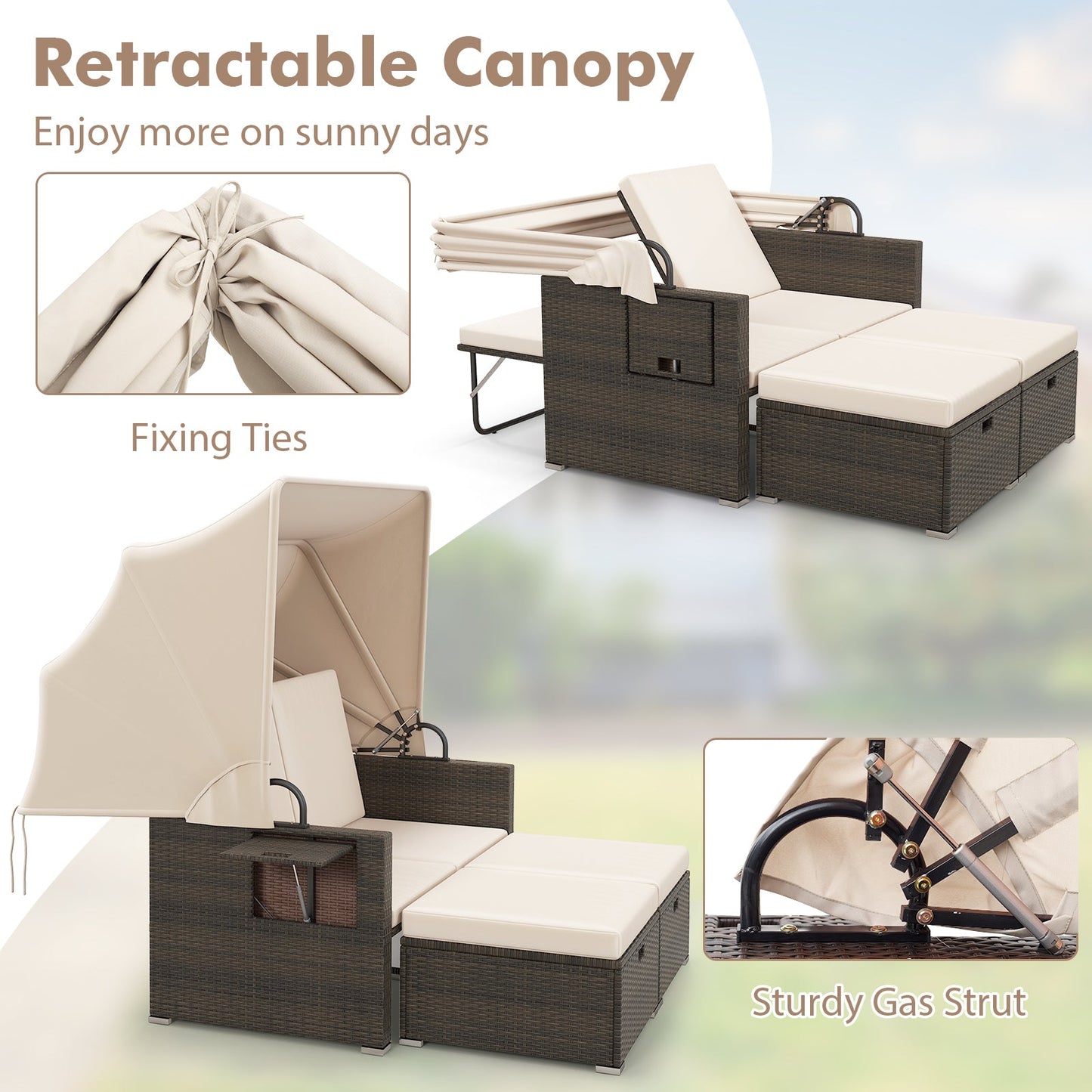 Outdoor Patio Rattan Daybed with Retractable Canopy and Adjustable Backrests