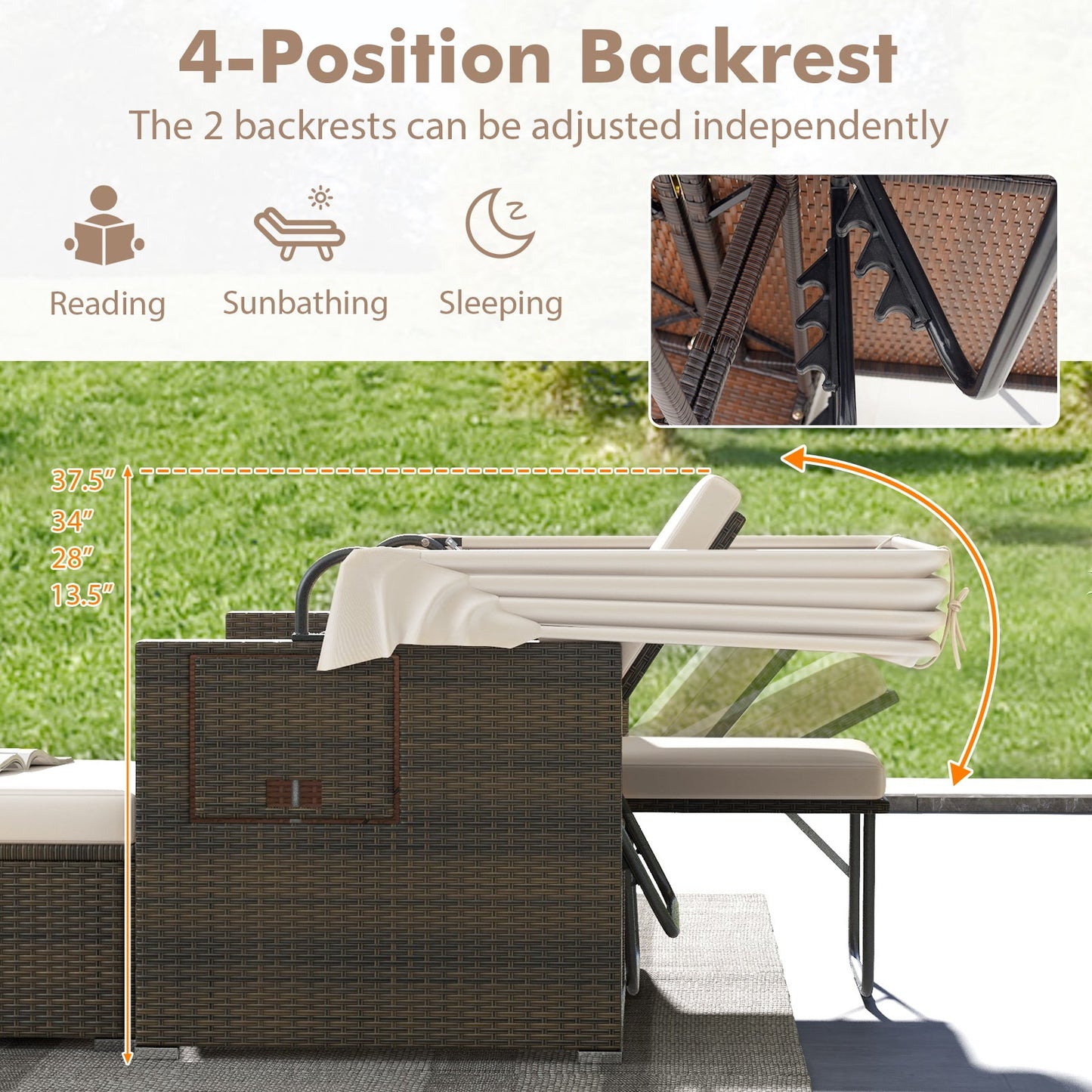 Outdoor Patio Rattan Daybed with Retractable Canopy and Adjustable Backrests