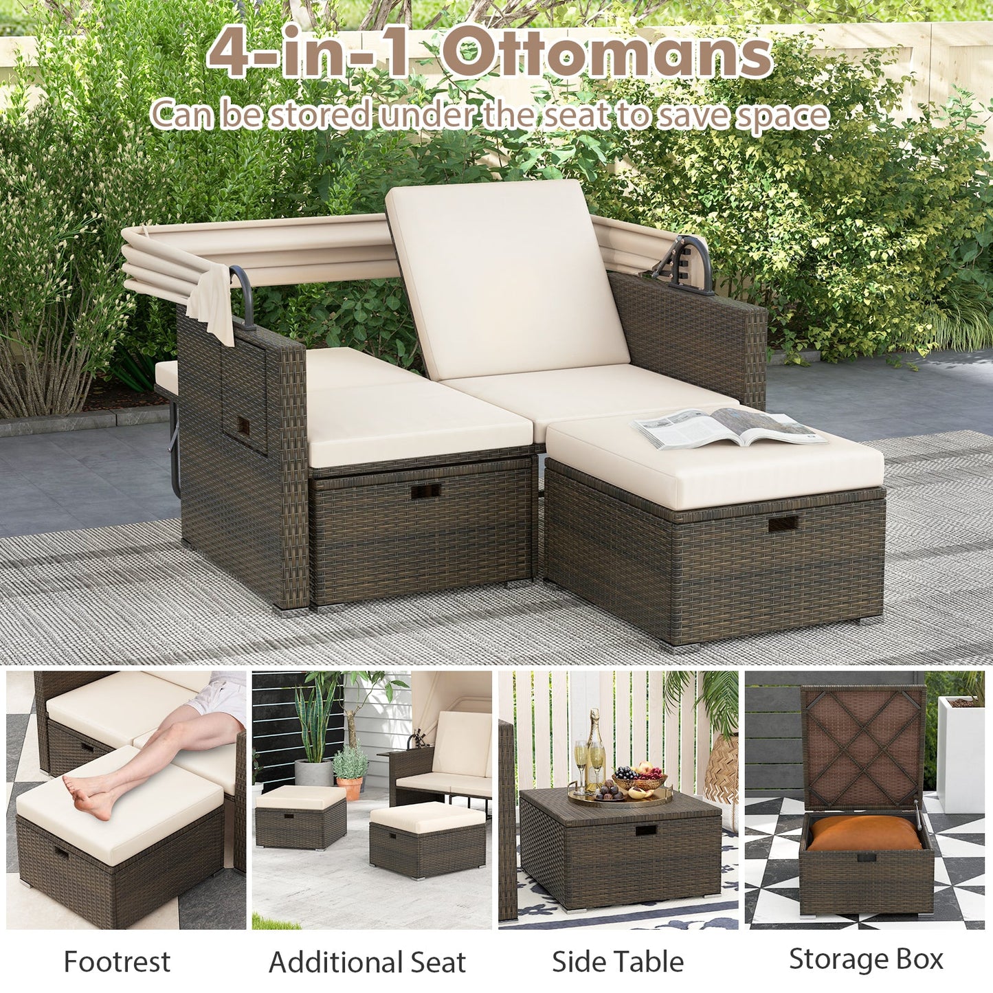 Outdoor Patio Rattan Daybed with Retractable Canopy and Adjustable Backrests