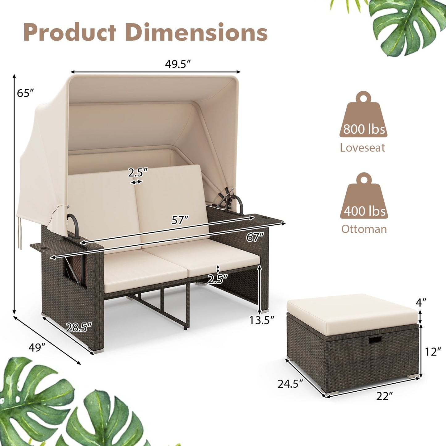Outdoor Patio Rattan Daybed with Retractable Canopy and Adjustable Backrests