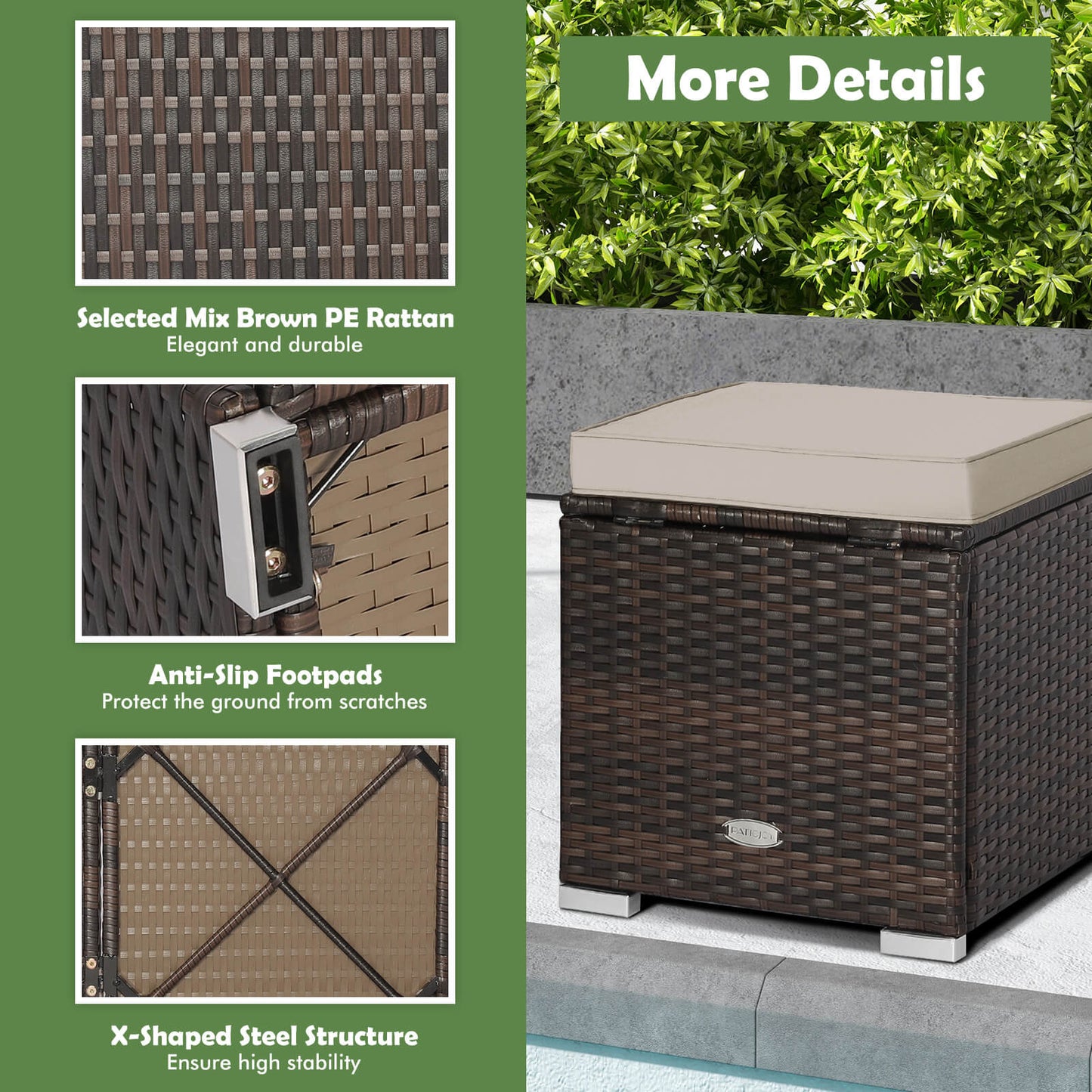 Patio Ottoman Set with Removable Cushions & Storage (2-Piece)