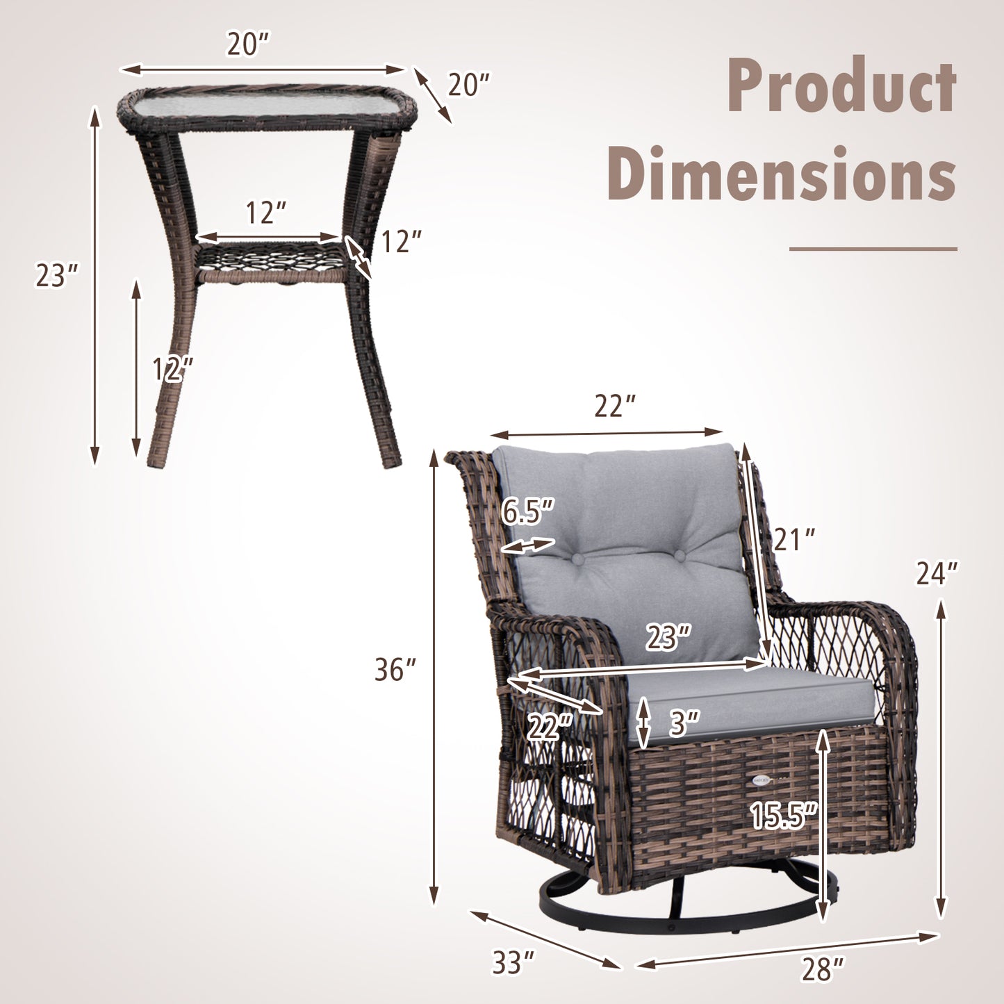3-Piece Swivel Rocker Patio Set with Side Table - Gray