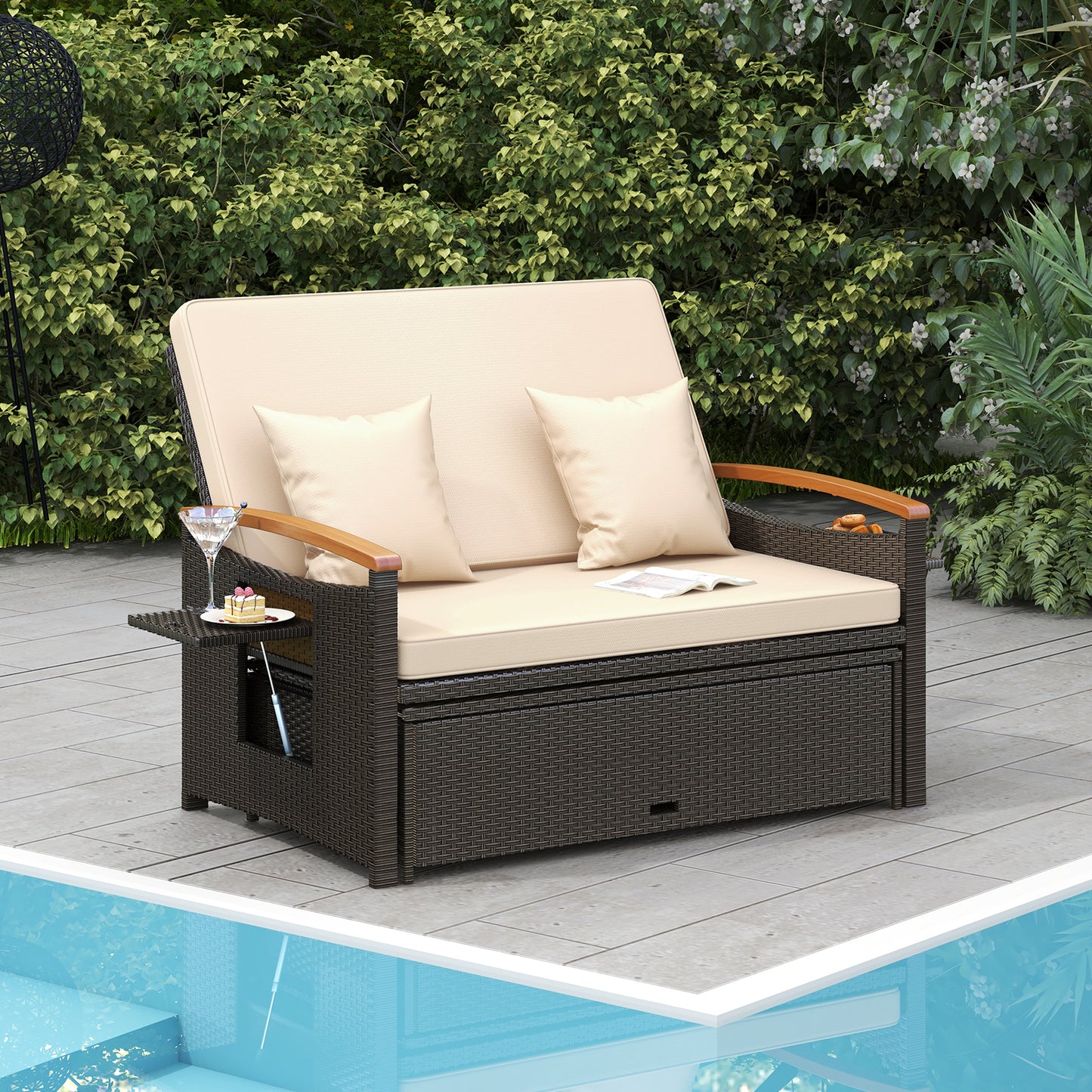 Outdoor Wicker Daybed with Adjustable Backrest and Ottoman