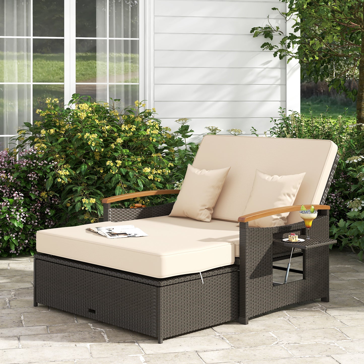 Outdoor Wicker Daybed with Adjustable Backrest and Ottoman