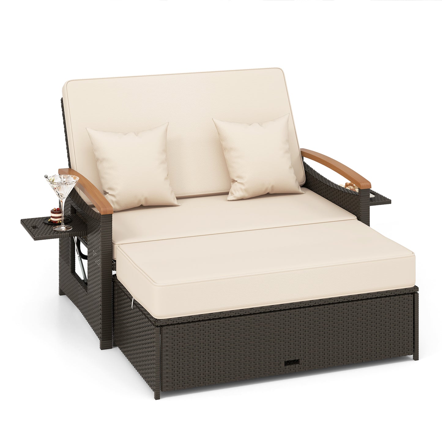 Outdoor Wicker Daybed with Adjustable Backrest and Ottoman