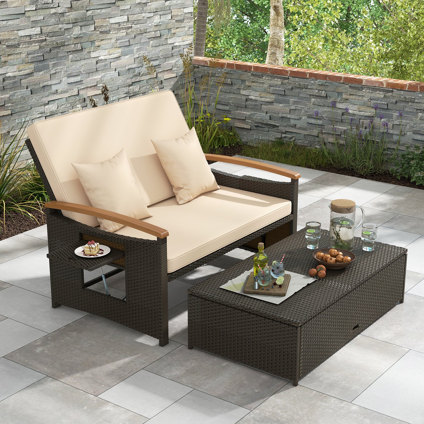 Outdoor Wicker Daybed with Adjustable Backrest and Ottoman