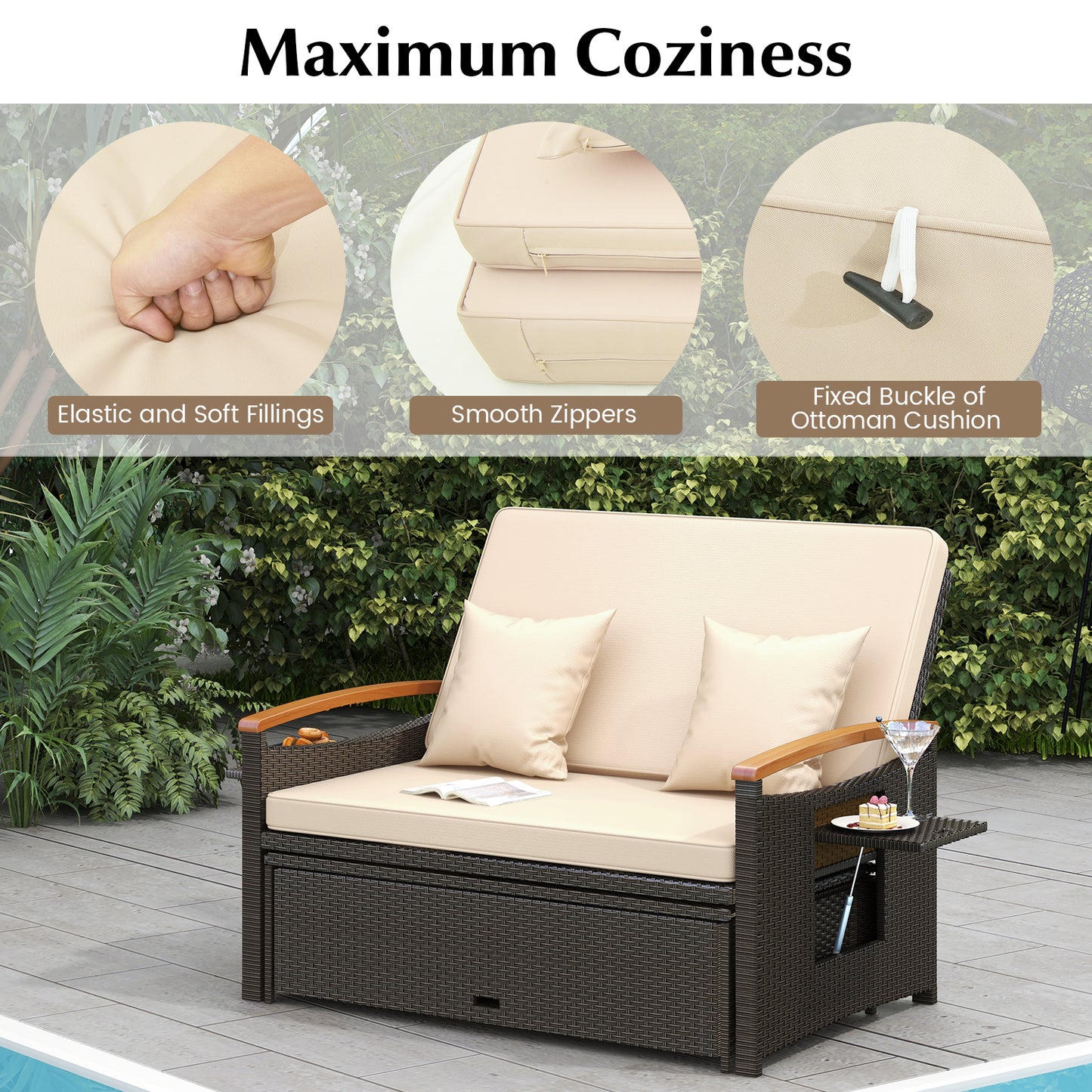 Outdoor Wicker Daybed with Adjustable Backrest and Ottoman