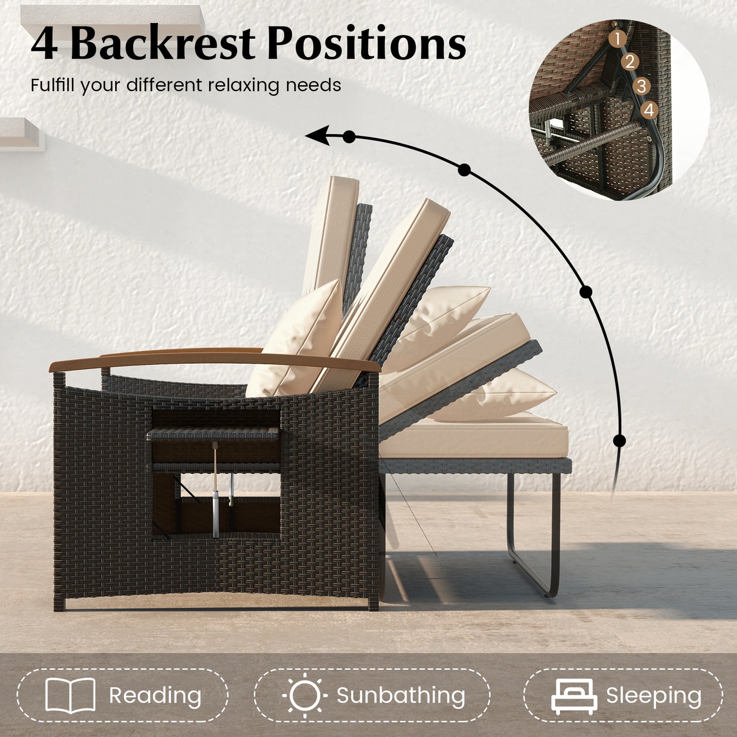 Outdoor Wicker Daybed with Adjustable Backrest and Ottoman