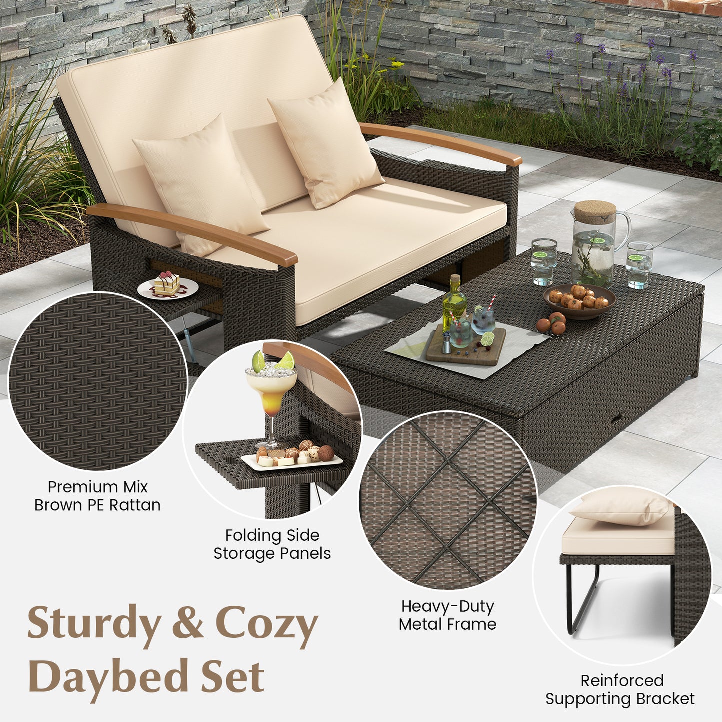 Outdoor Wicker Daybed with Adjustable Backrest and Ottoman
