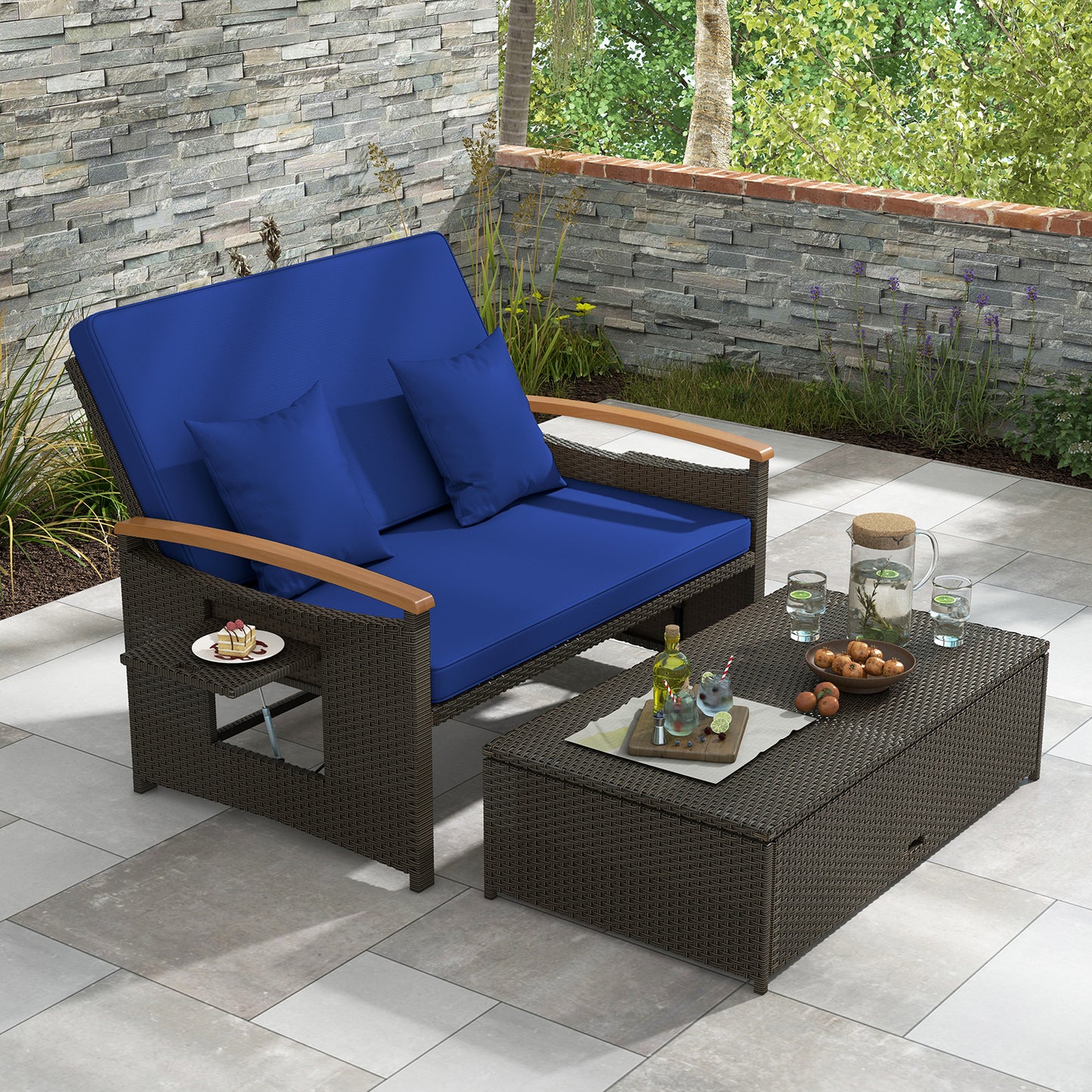 Outdoor Wicker Daybed with Adjustable Backrest and Ottoman