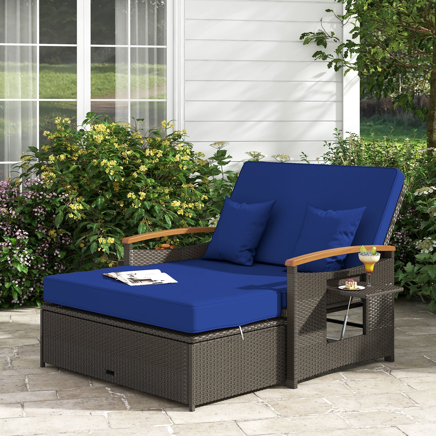 Outdoor Wicker Daybed with Adjustable Backrest and Ottoman