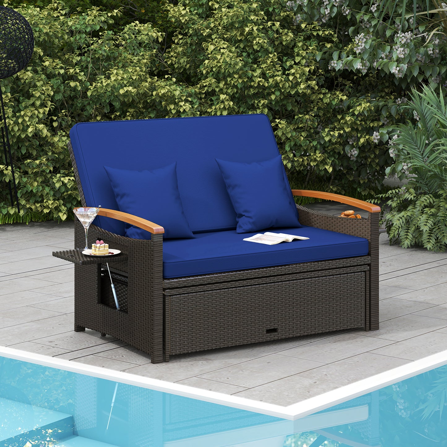 Outdoor Wicker Daybed with Adjustable Backrest and Ottoman