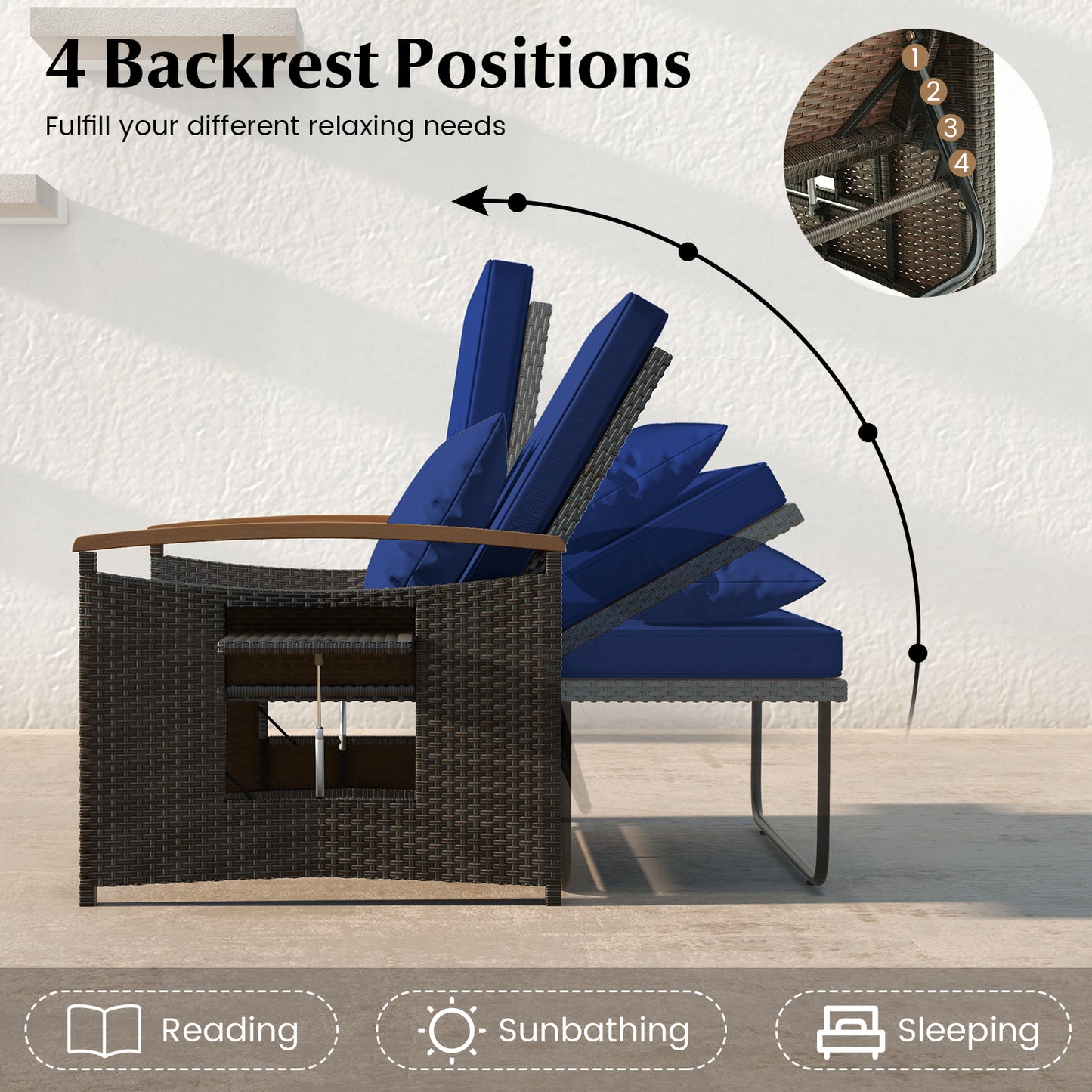 Outdoor Wicker Daybed with Adjustable Backrest and Ottoman