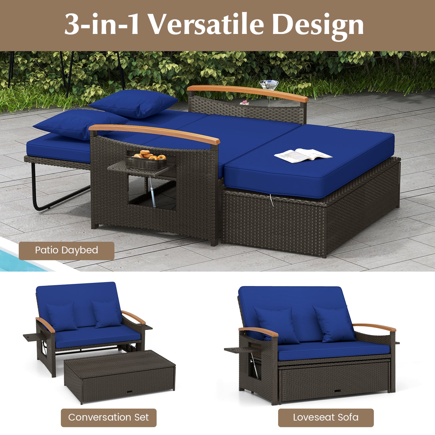 Outdoor Wicker Daybed with Adjustable Backrest and Ottoman