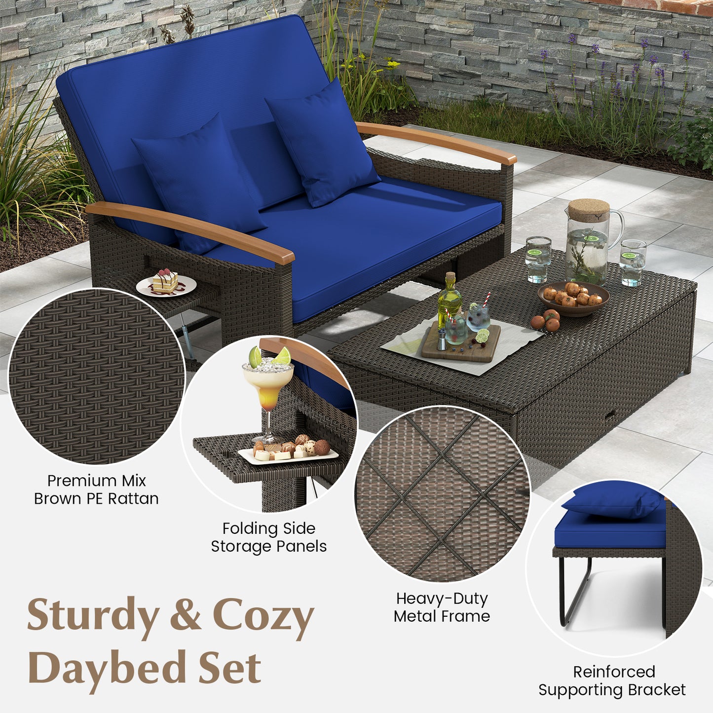 Outdoor Wicker Daybed with Adjustable Backrest and Ottoman