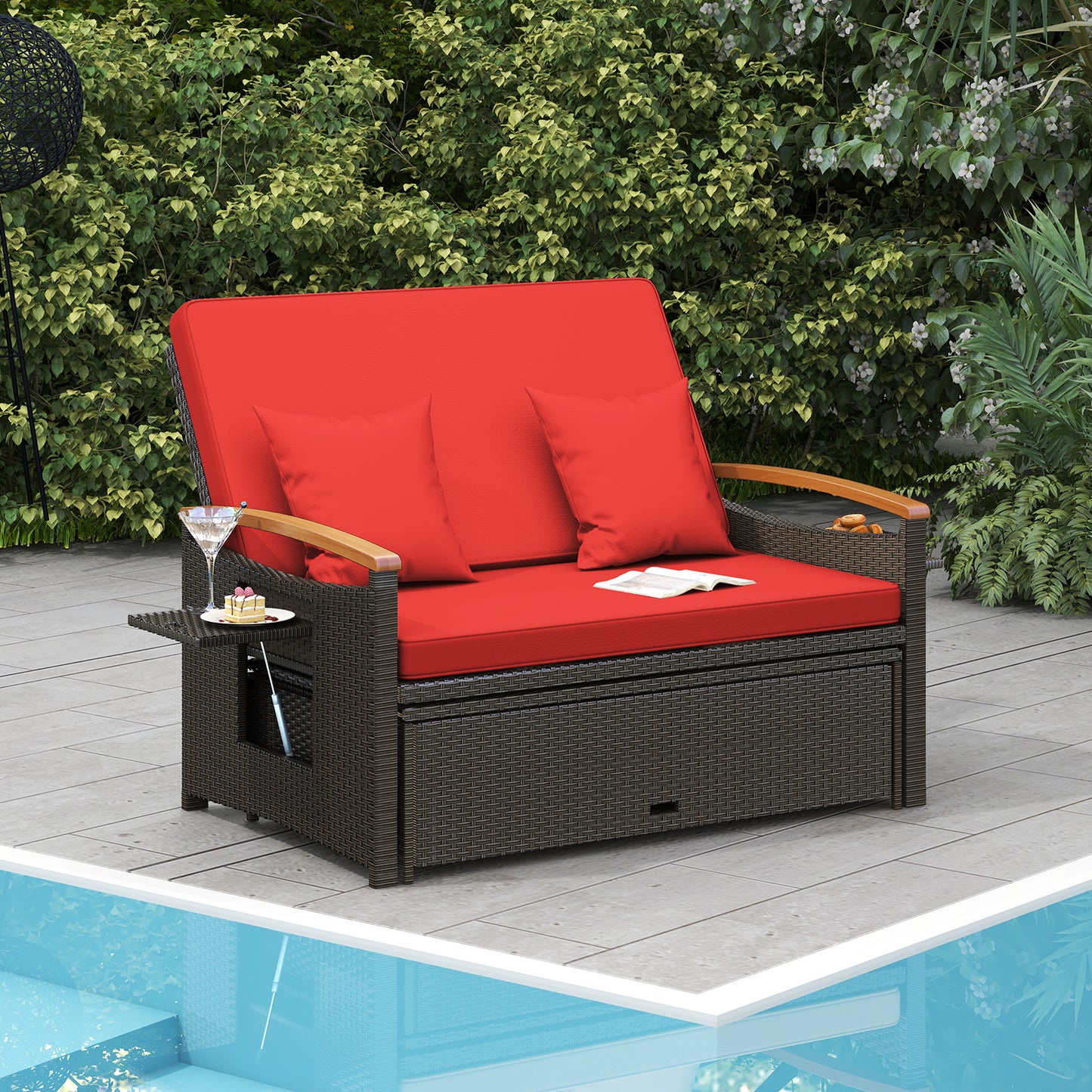 Outdoor Wicker Daybed with Adjustable Backrest and Ottoman