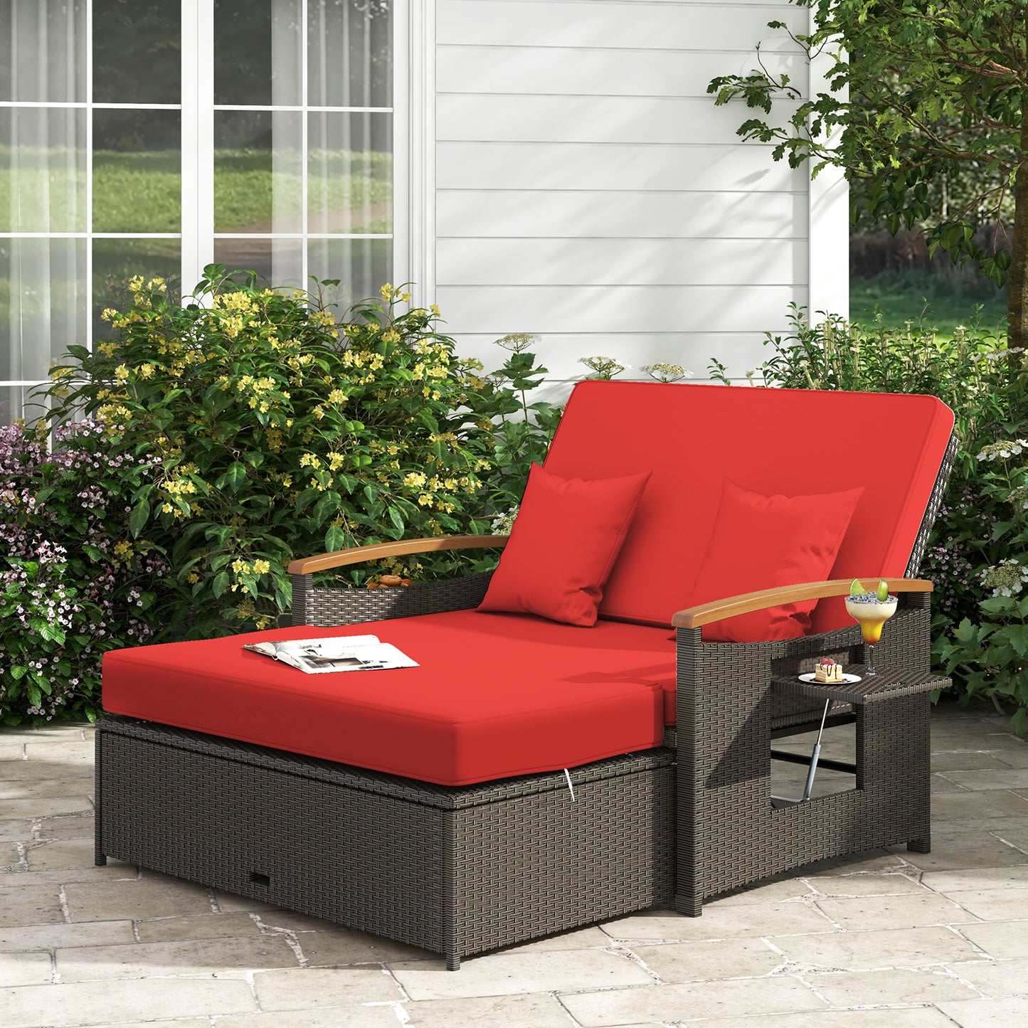 Outdoor Wicker Daybed with Adjustable Backrest and Ottoman
