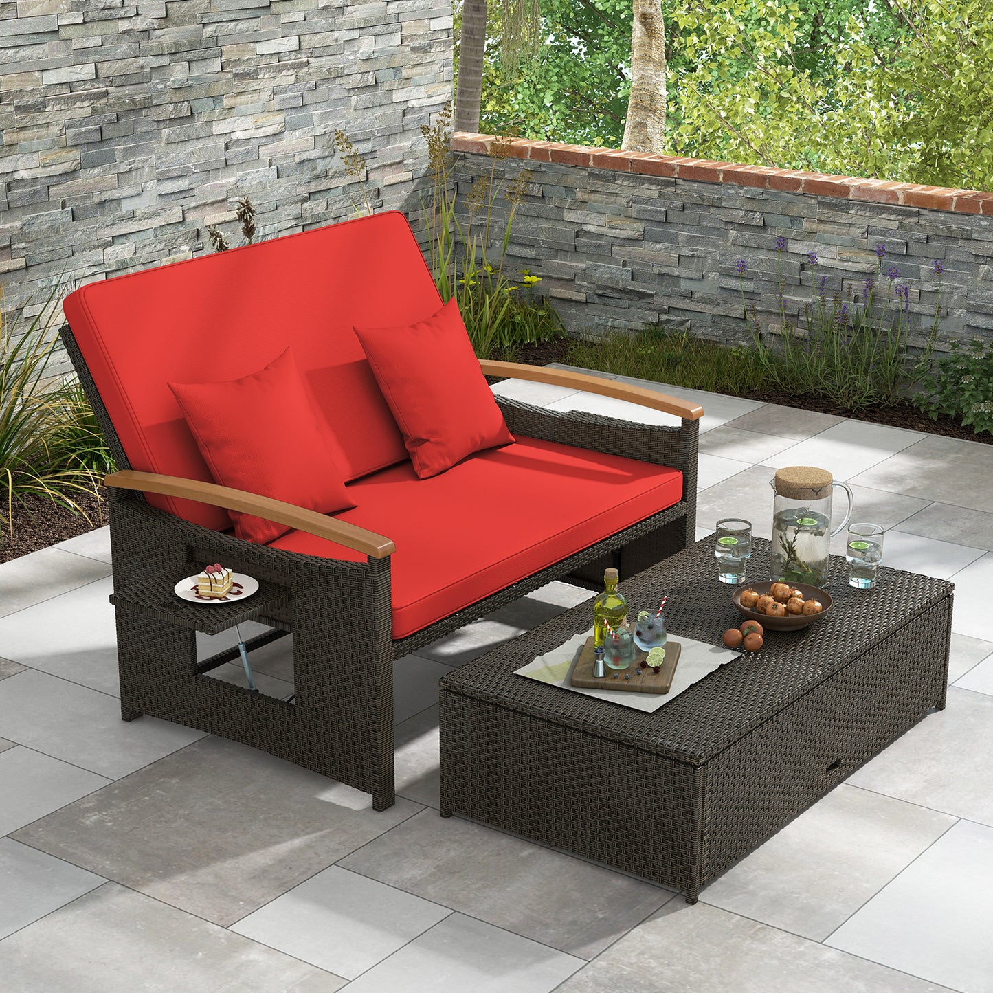 Outdoor Wicker Daybed with Adjustable Backrest and Ottoman