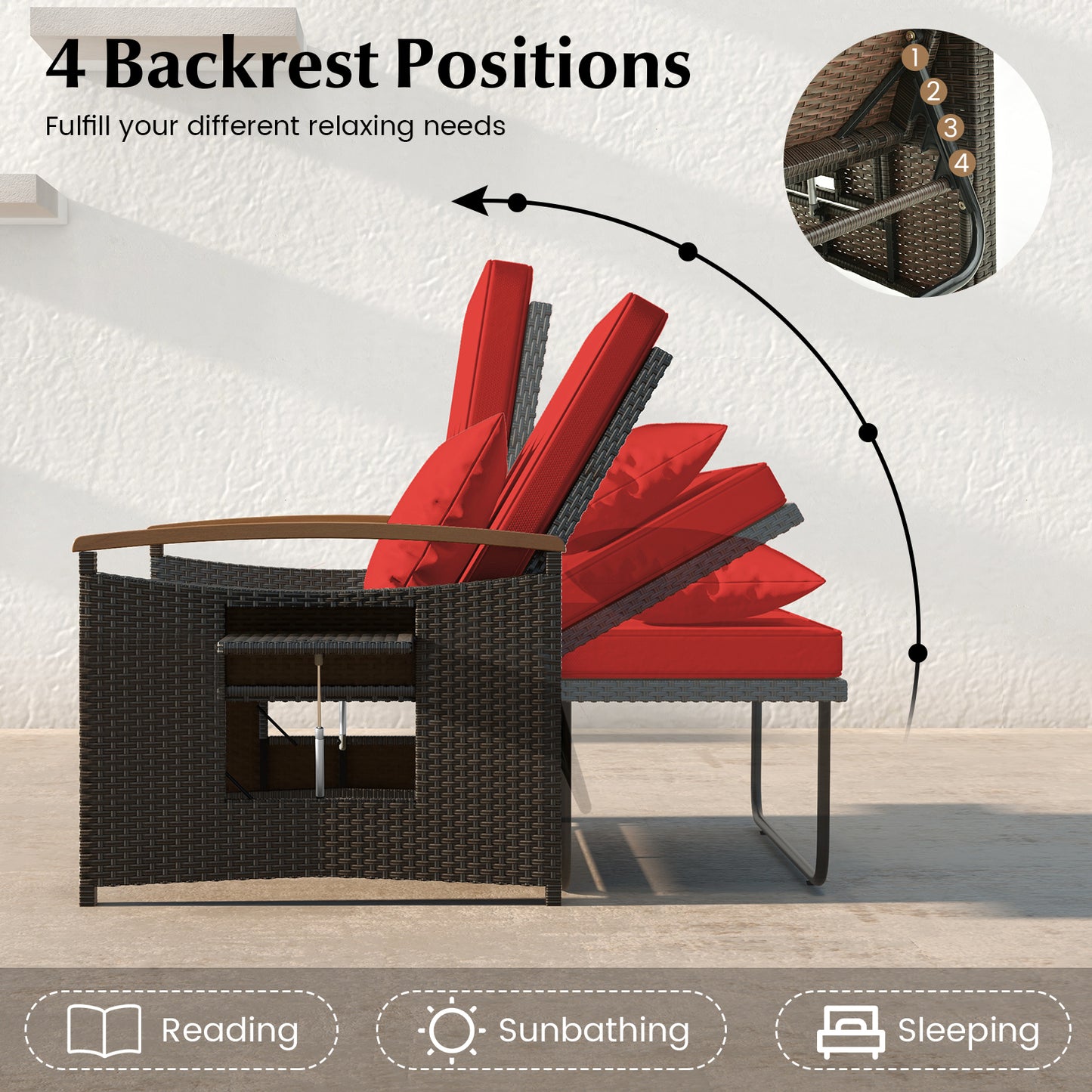 Outdoor Wicker Daybed with Adjustable Backrest and Ottoman