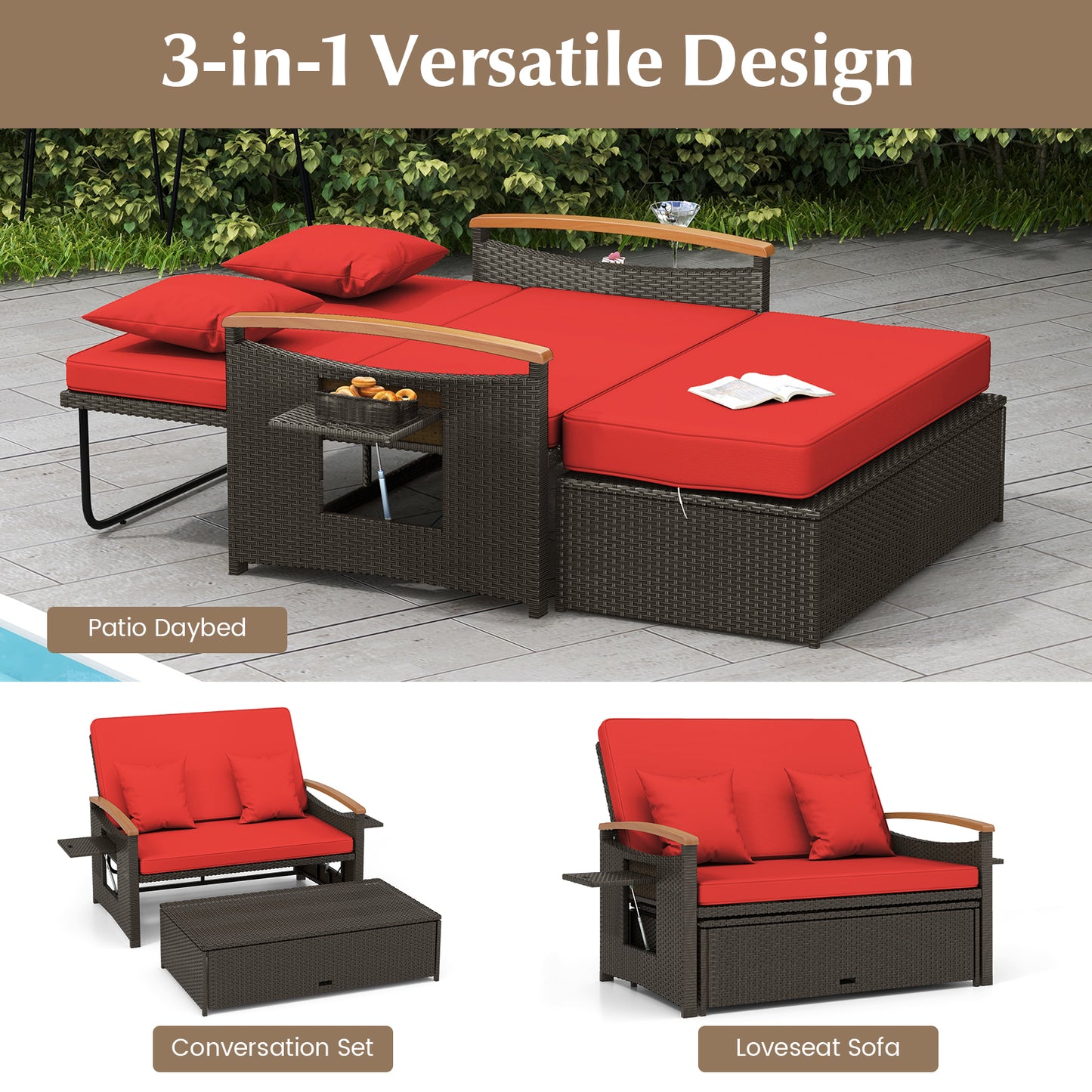 Outdoor Wicker Daybed with Adjustable Backrest and Ottoman