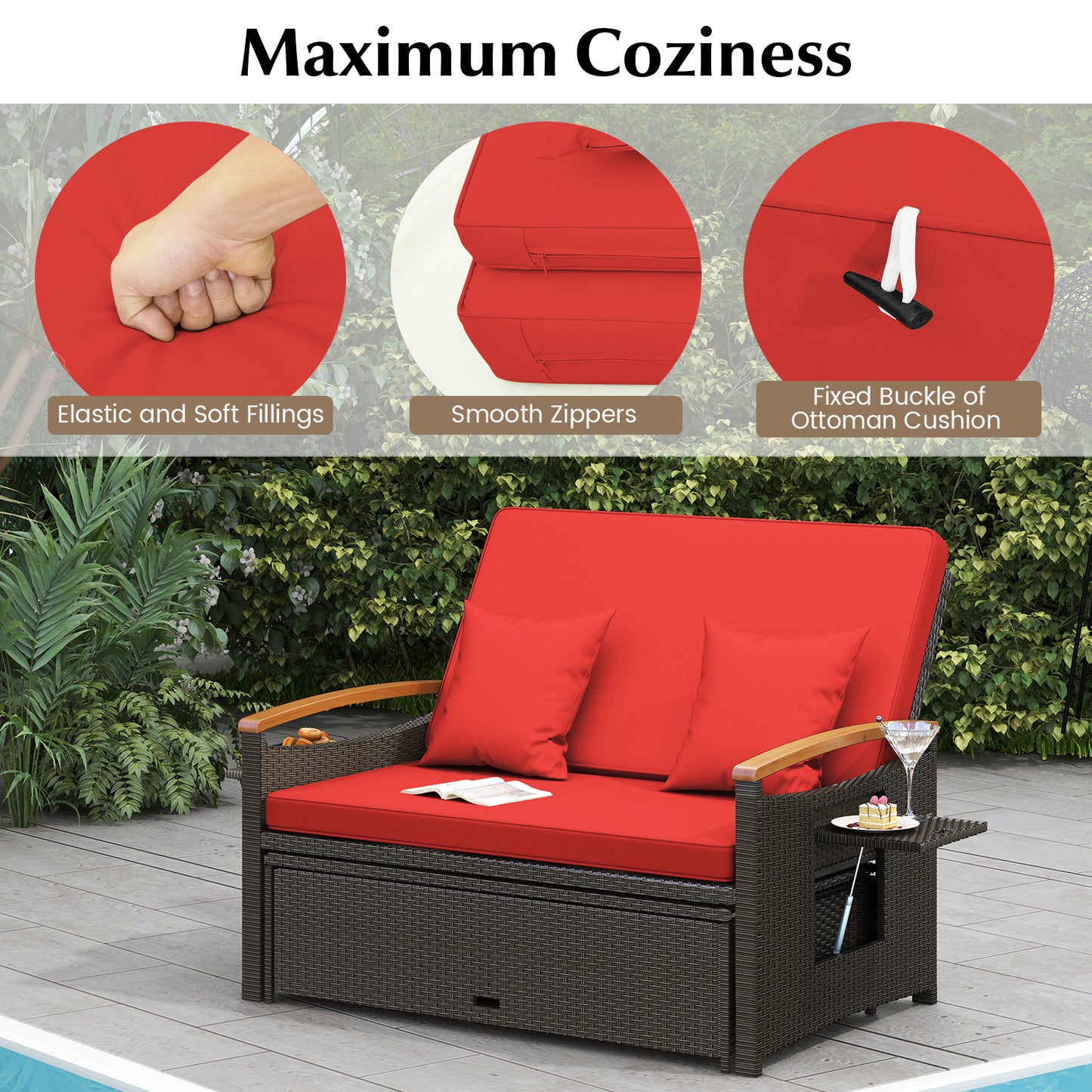 Outdoor Wicker Daybed with Adjustable Backrest and Ottoman