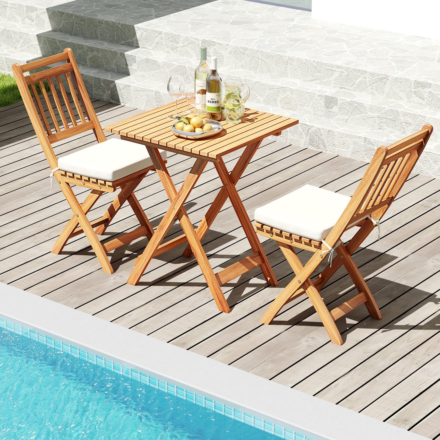 Outdoor Wood Bistro Set with Soft Seat Cushions and Table-White