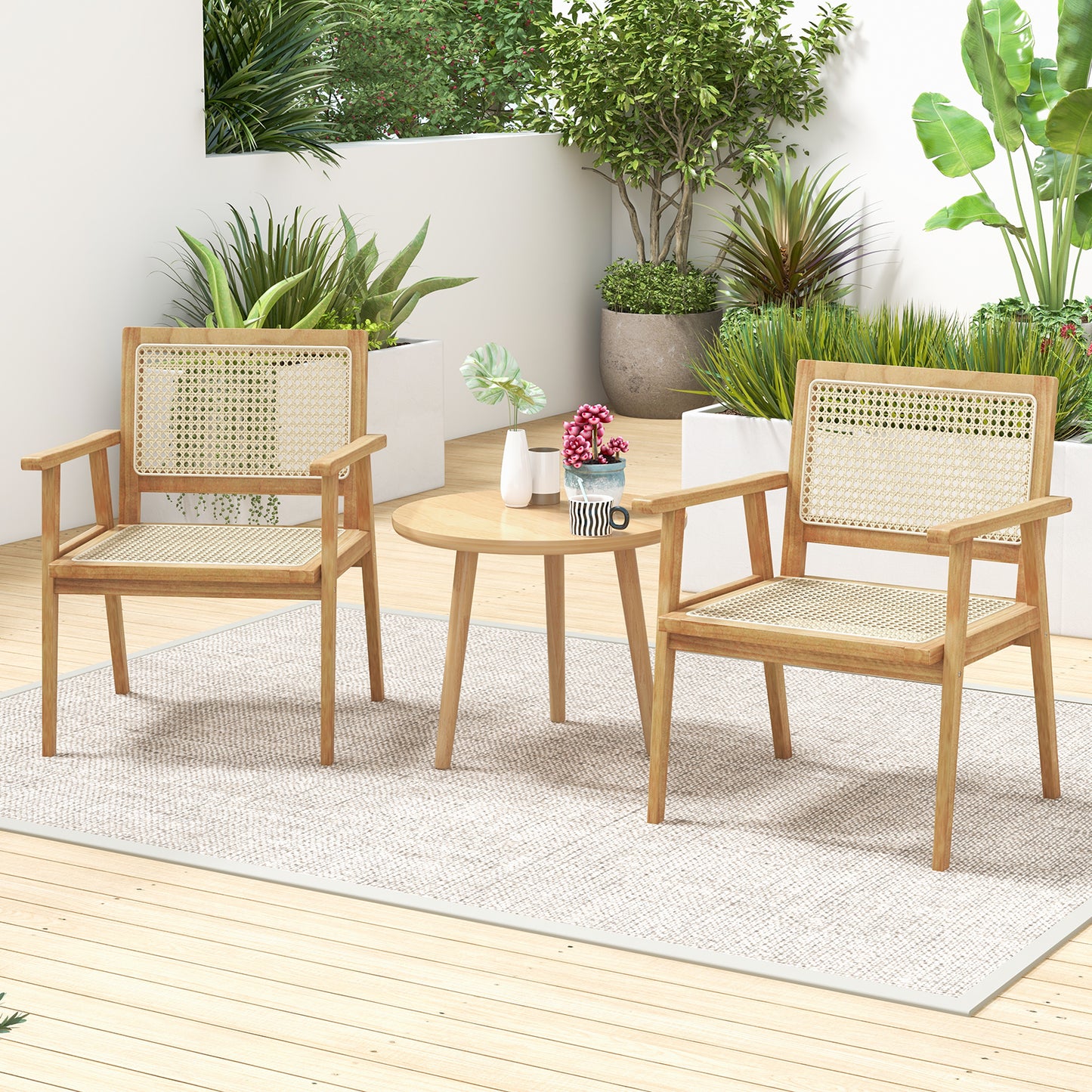 Teak Wood Patio Dining Chair with Natural Rattan Seat