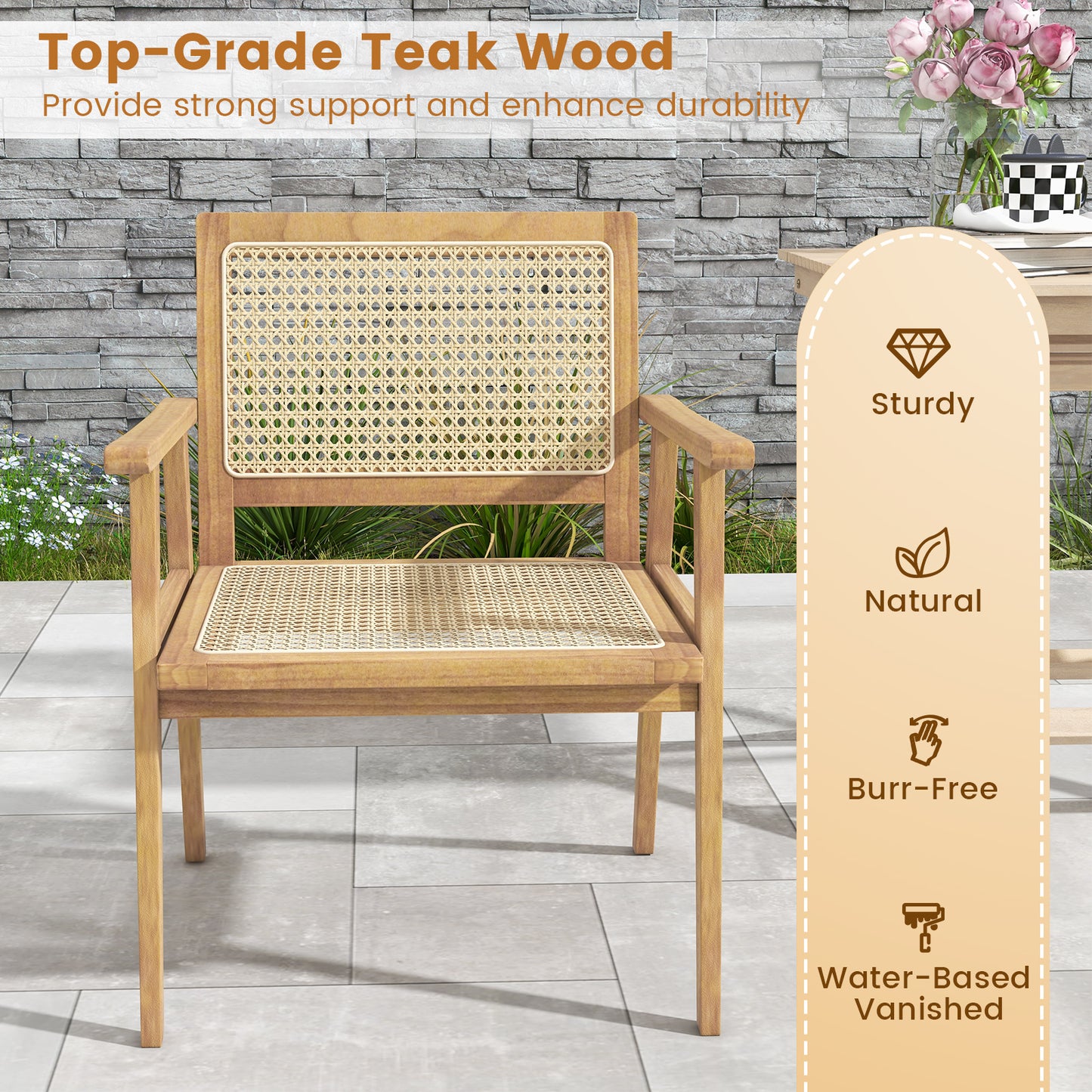 Teak Wood Patio Dining Chair with Natural Rattan Seat