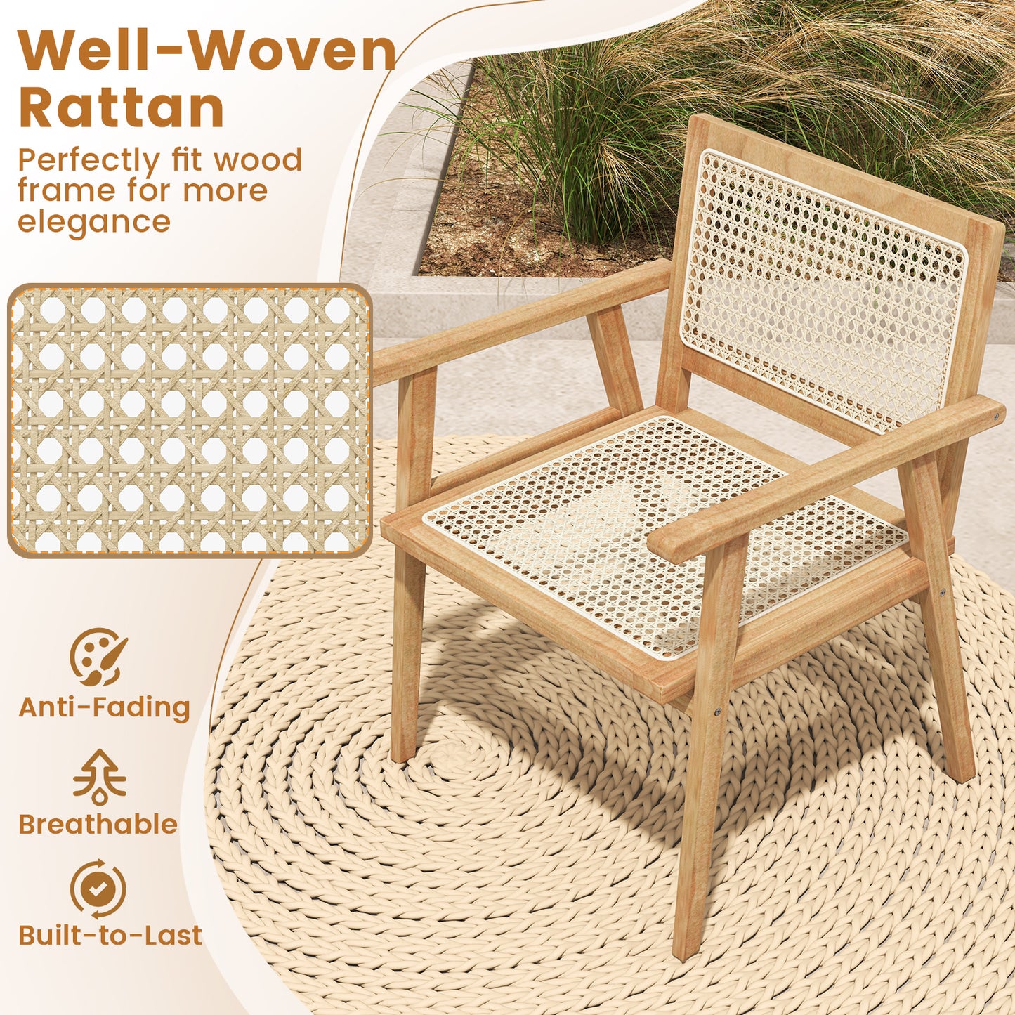 Teak Wood Patio Dining Chair with Natural Rattan Seat