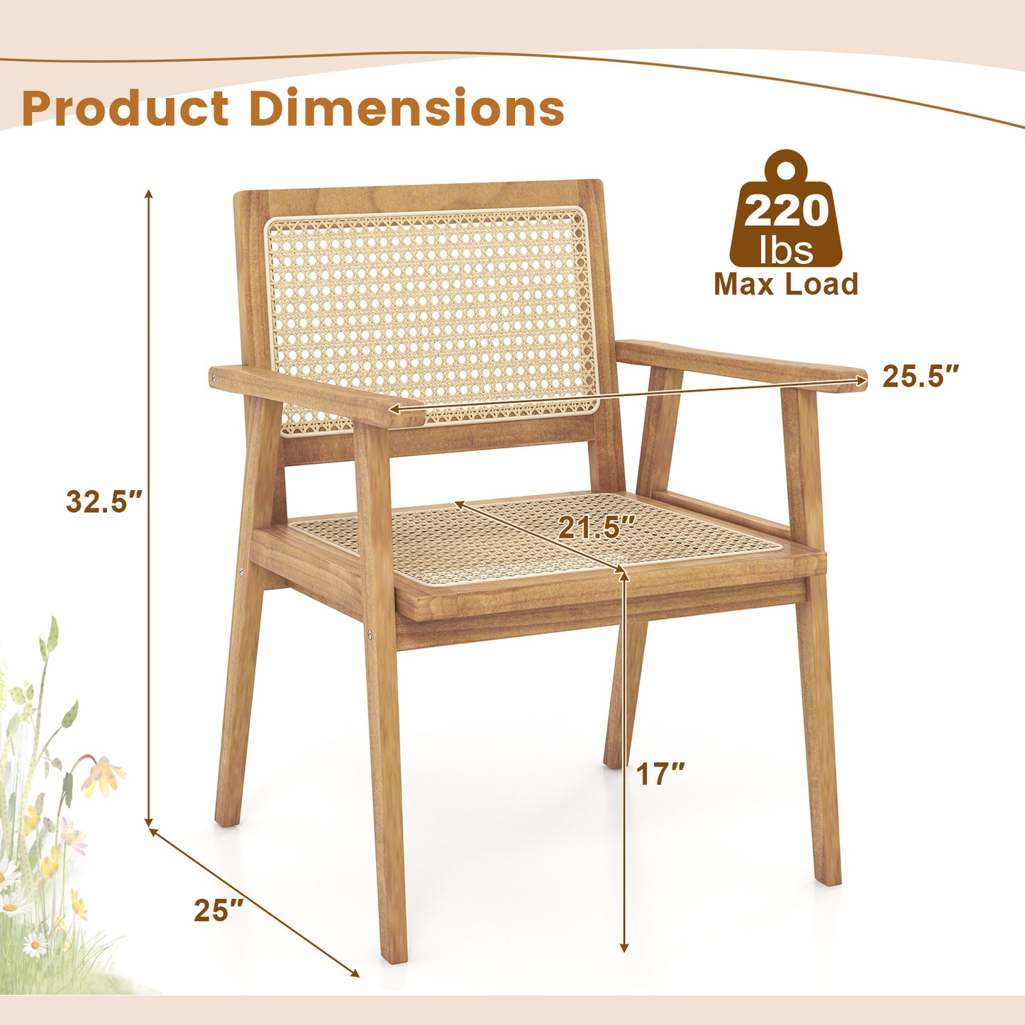 Teak Wood Patio Dining Chair with Natural Rattan Seat