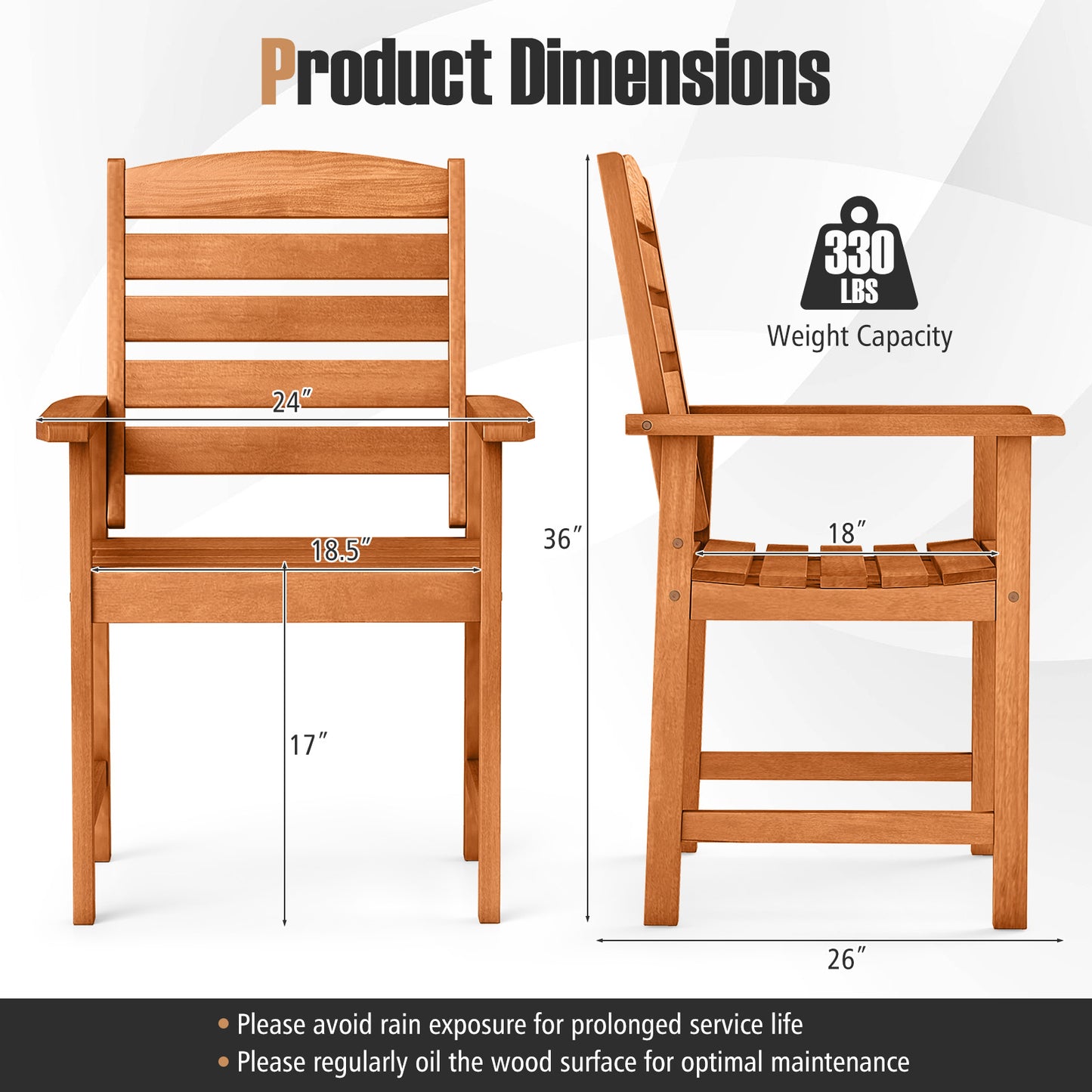 Wooden Patio Dining Chairs with Inclined Backrests - Set of 2