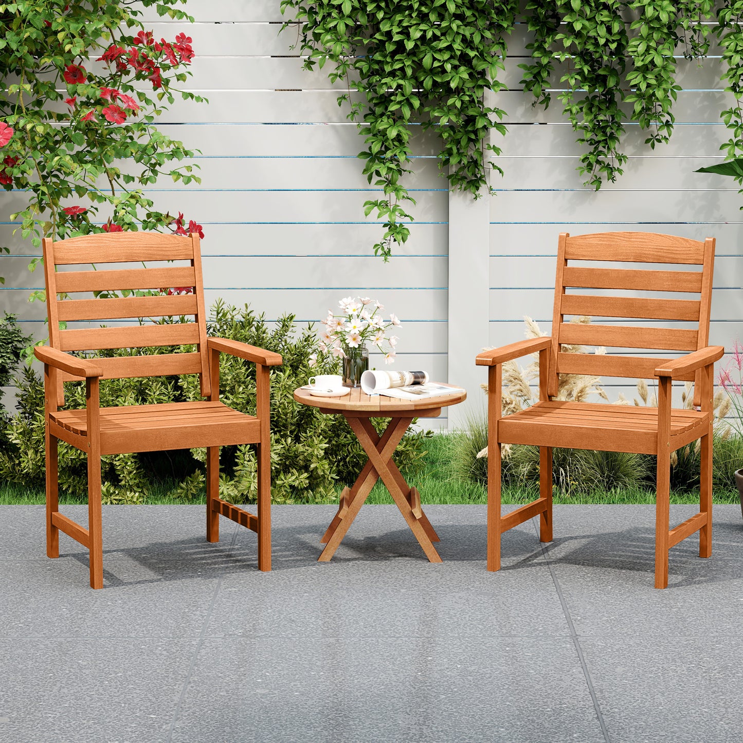 Wooden Patio Dining Chairs with Inclined Backrests - Set of 2