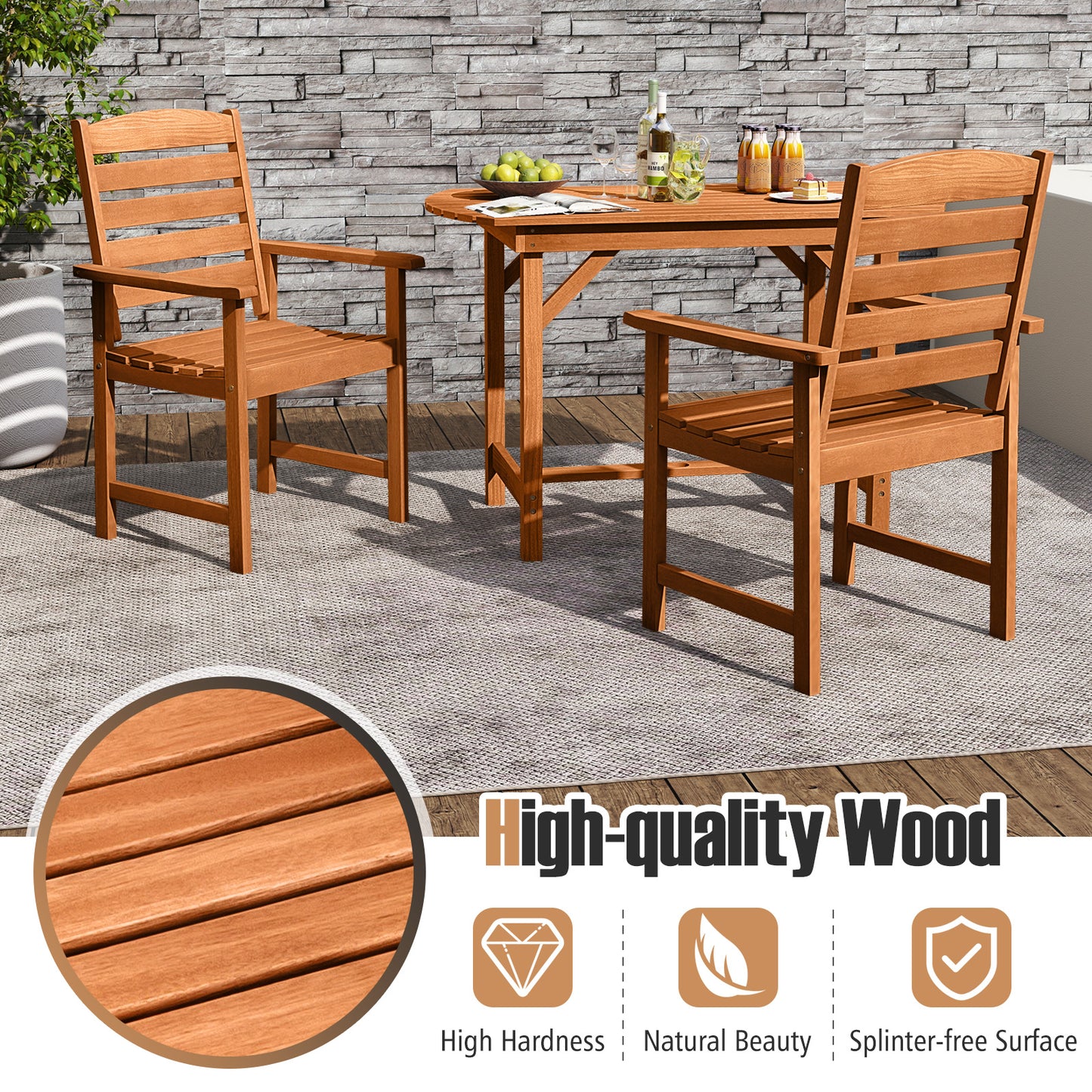 Wooden Patio Dining Chairs with Inclined Backrests - Set of 2