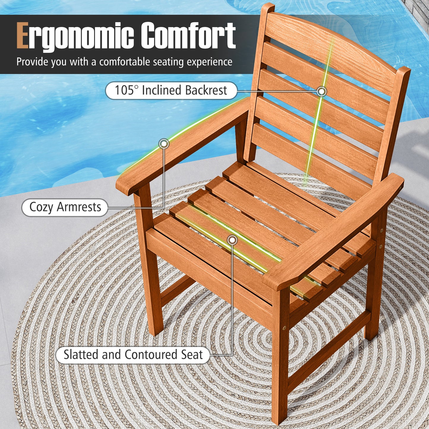 Wooden Patio Dining Chairs with Inclined Backrests - Set of 2