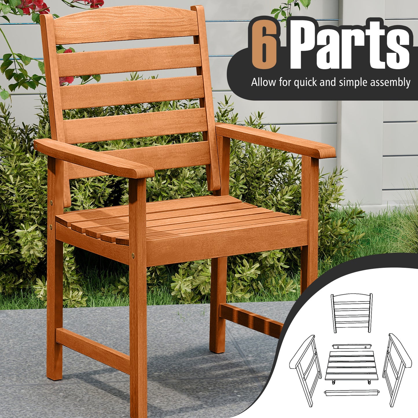Wooden Patio Dining Chairs with Inclined Backrests - Set of 2